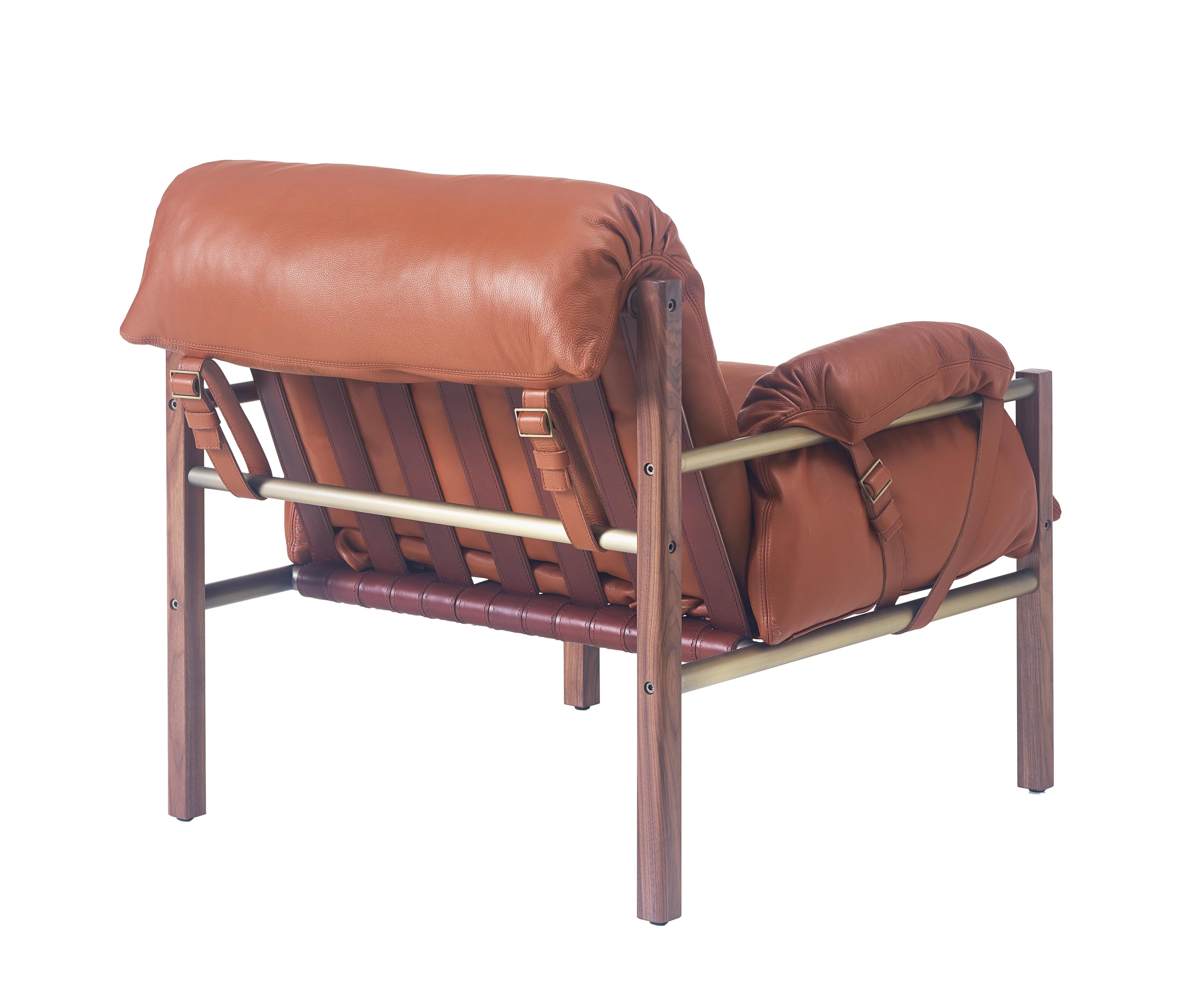 For Sale: Brown (Comfort 33286 Chestnut Brown) Sling Club Chair in Solid Walnut, Bronze and Leather Designed by Craig Bassam 2