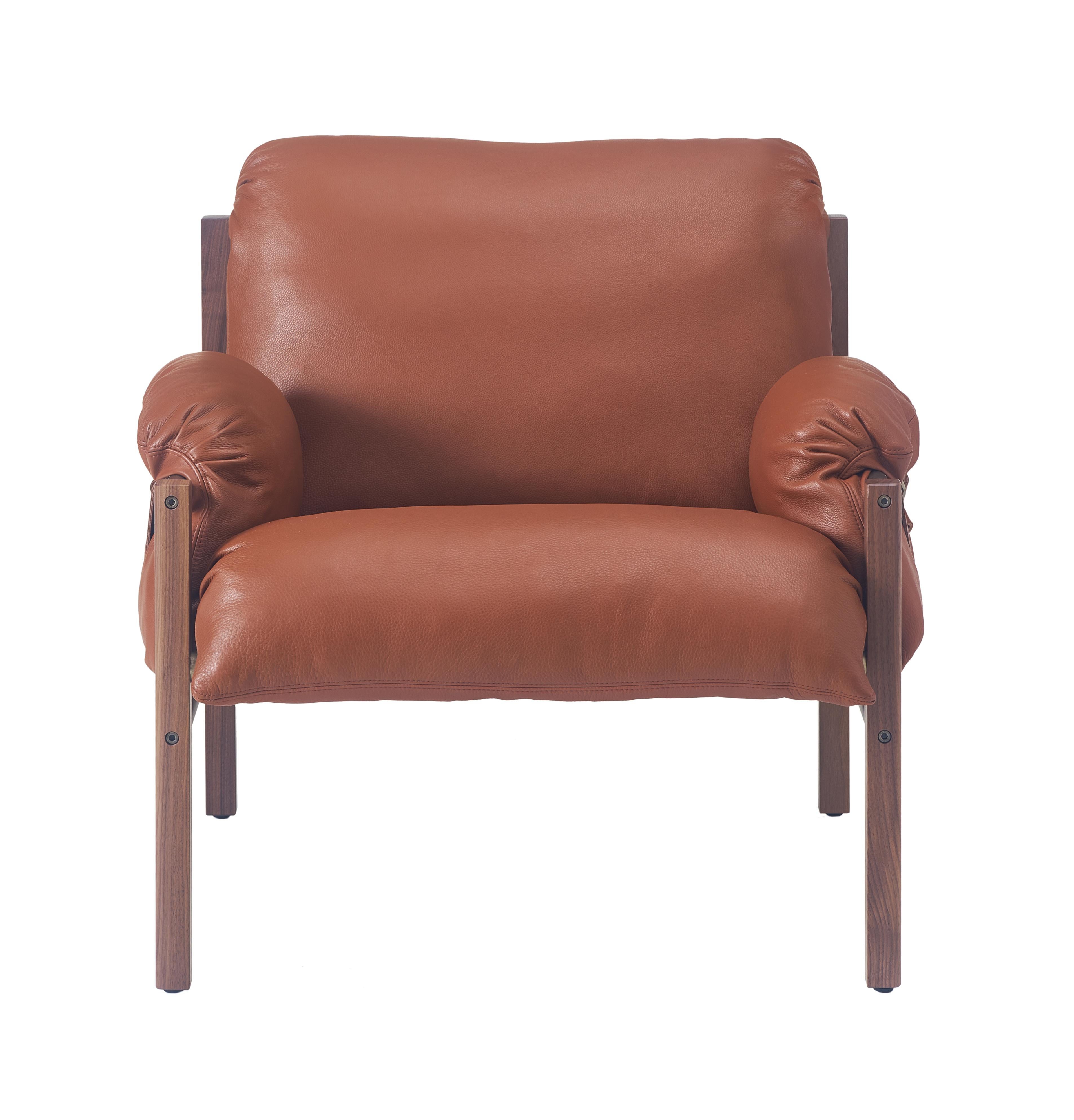 For Sale: Brown (Comfort 33286 Chestnut Brown) Sling Club Chair in Solid Walnut, Bronze and Leather Designed by Craig Bassam 3