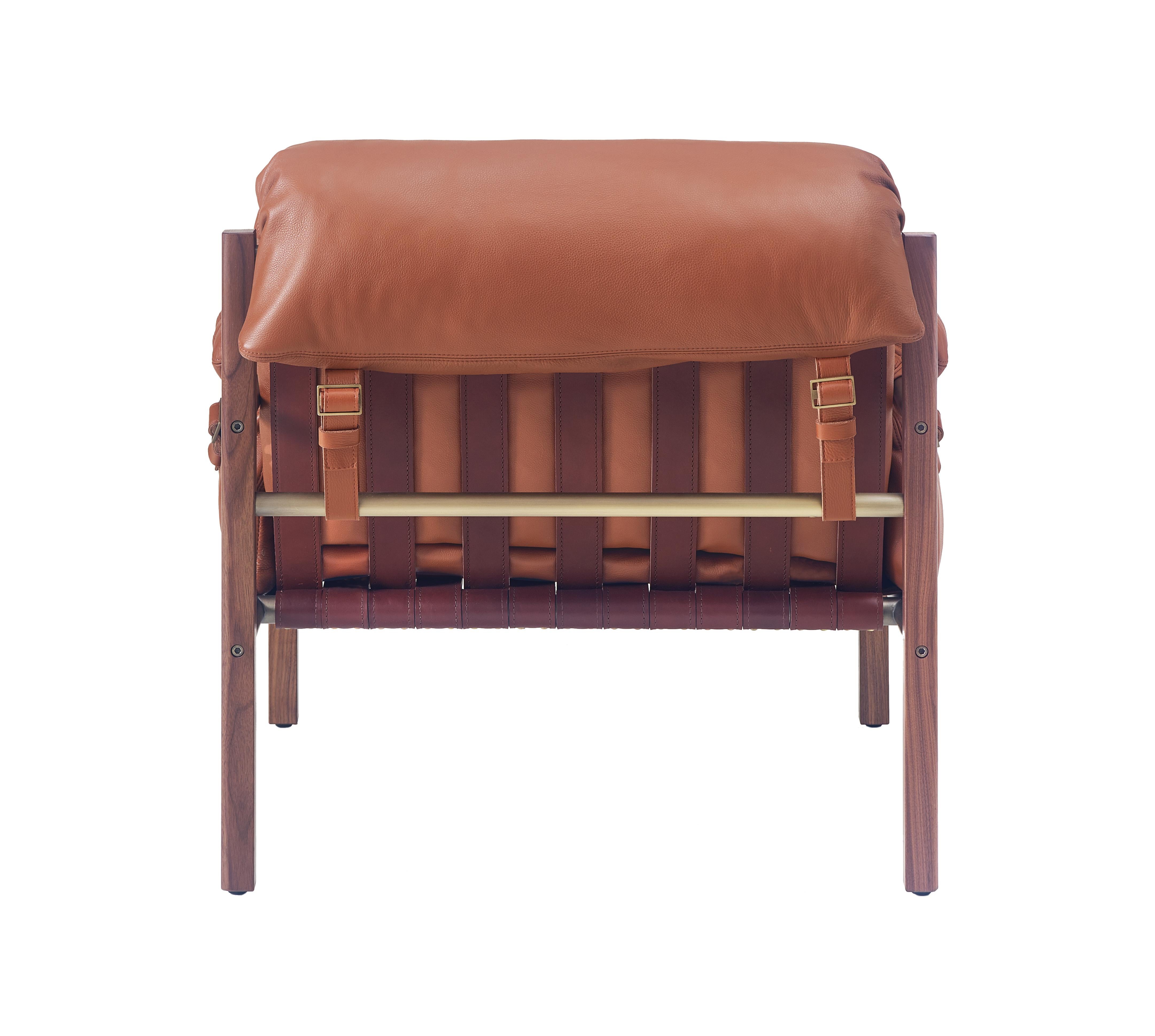 For Sale: Brown (Comfort 33286 Chestnut Brown) Sling Club Chair in Solid Walnut, Bronze and Leather Designed by Craig Bassam 4