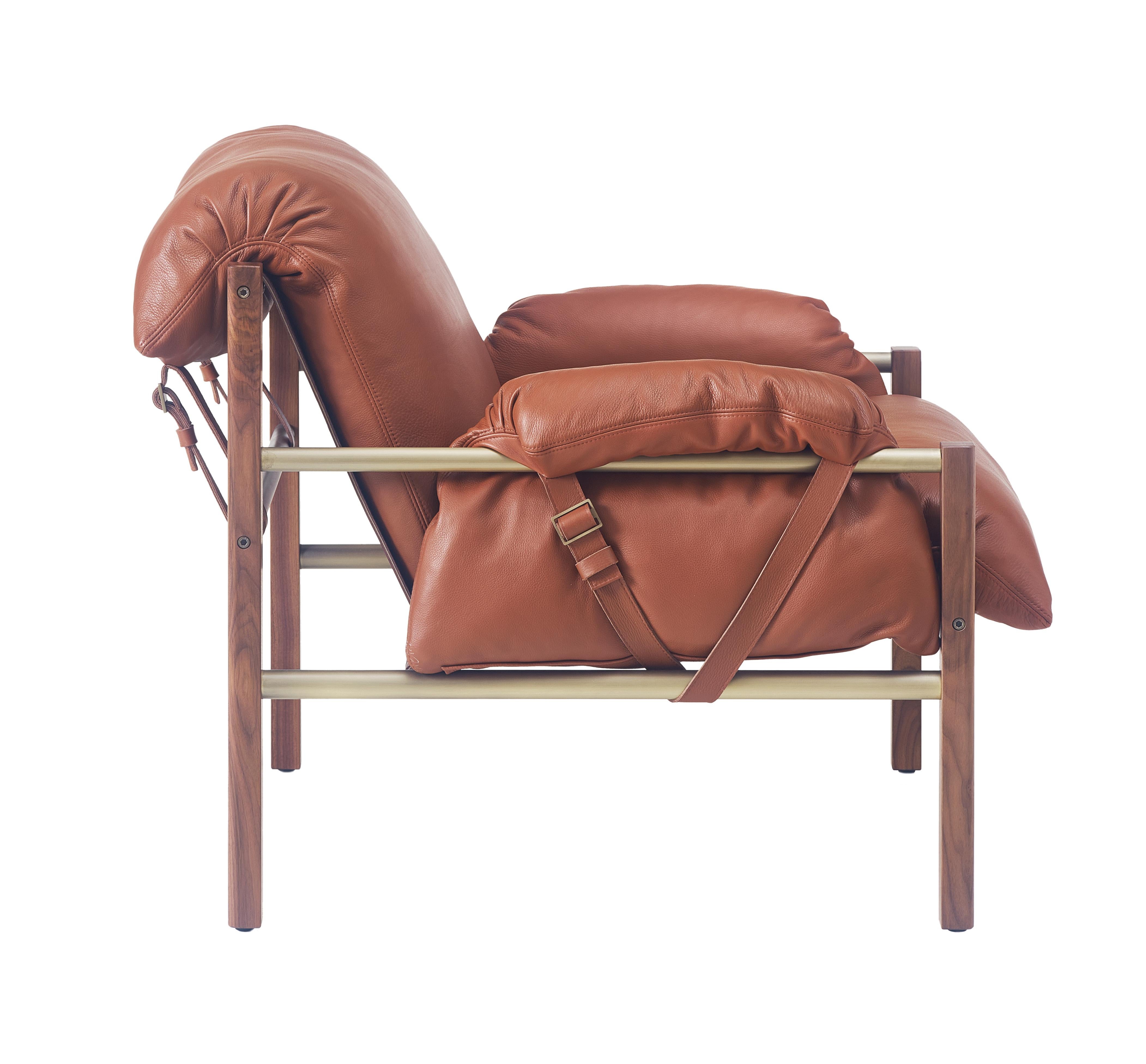 For Sale: Brown (Comfort 33286 Chestnut Brown) Sling Club Chair in Solid Walnut, Bronze and Leather Designed by Craig Bassam 5