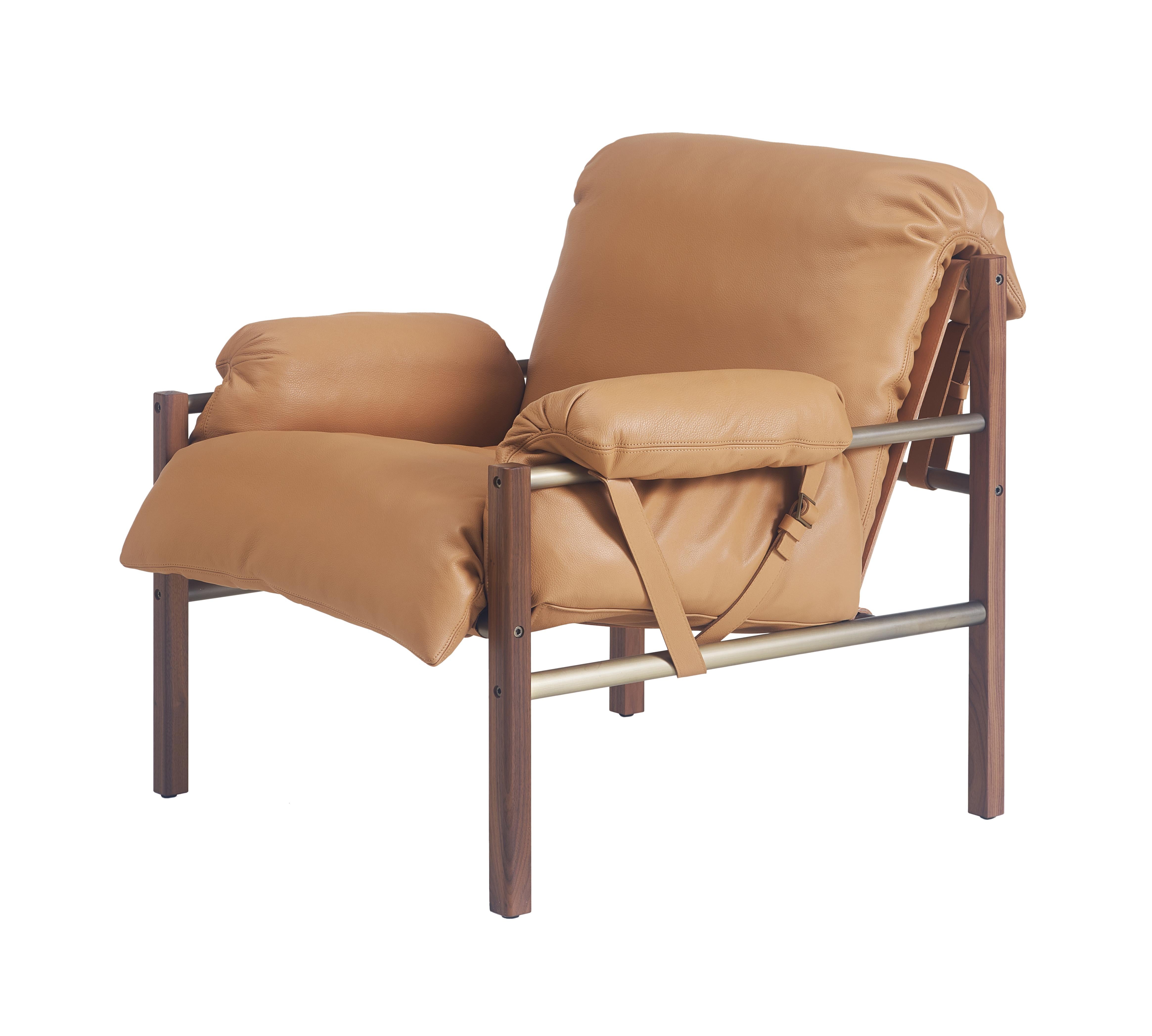 For Sale: Brown (Comfort 43632 Camel) Sling Club Chair in Solid Walnut, Bronze and Leather Designed by Craig Bassam