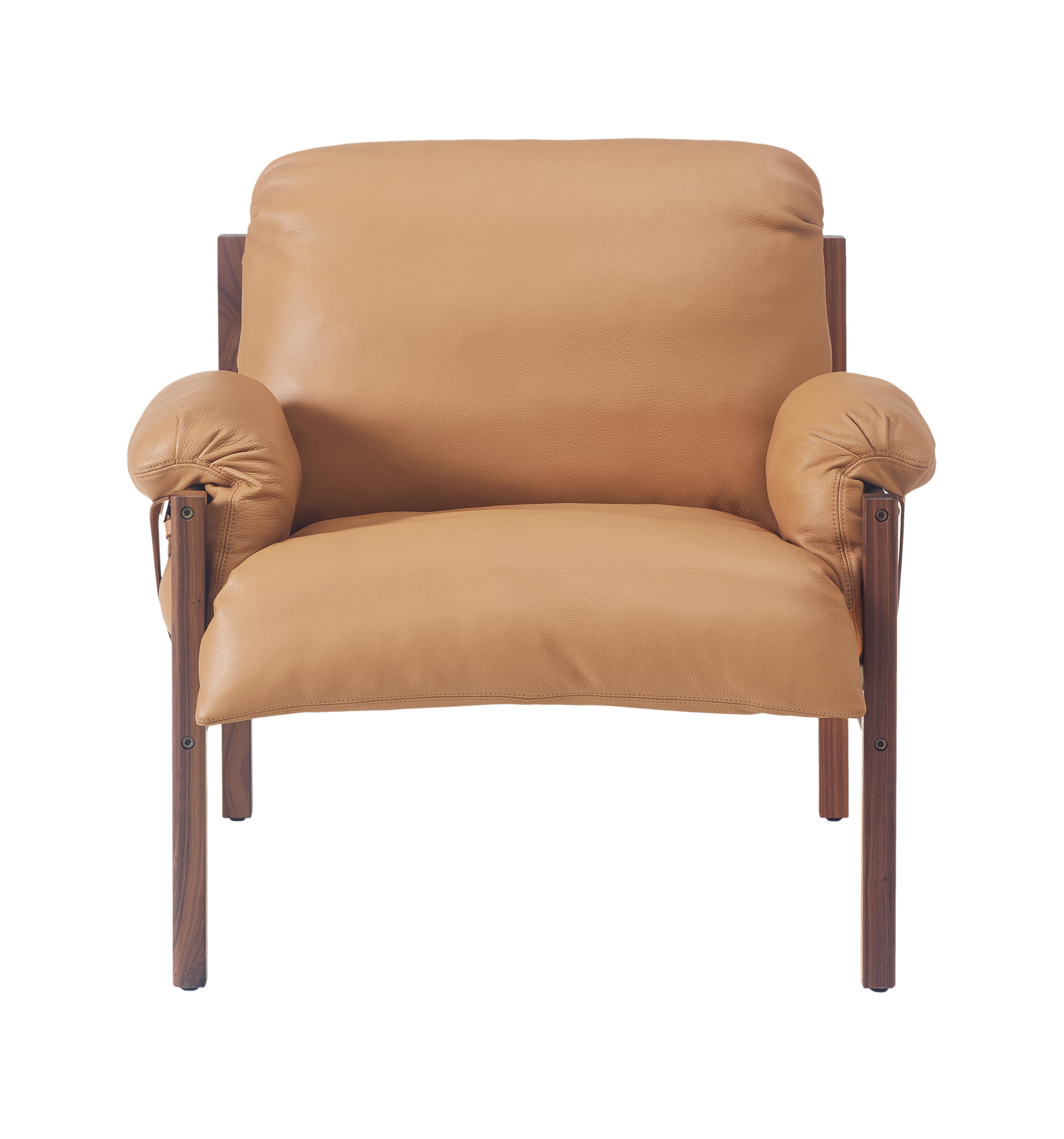 For Sale: Brown (Comfort 43632 Camel) Sling Club Chair in Solid Walnut, Bronze and Leather Designed by Craig Bassam 3