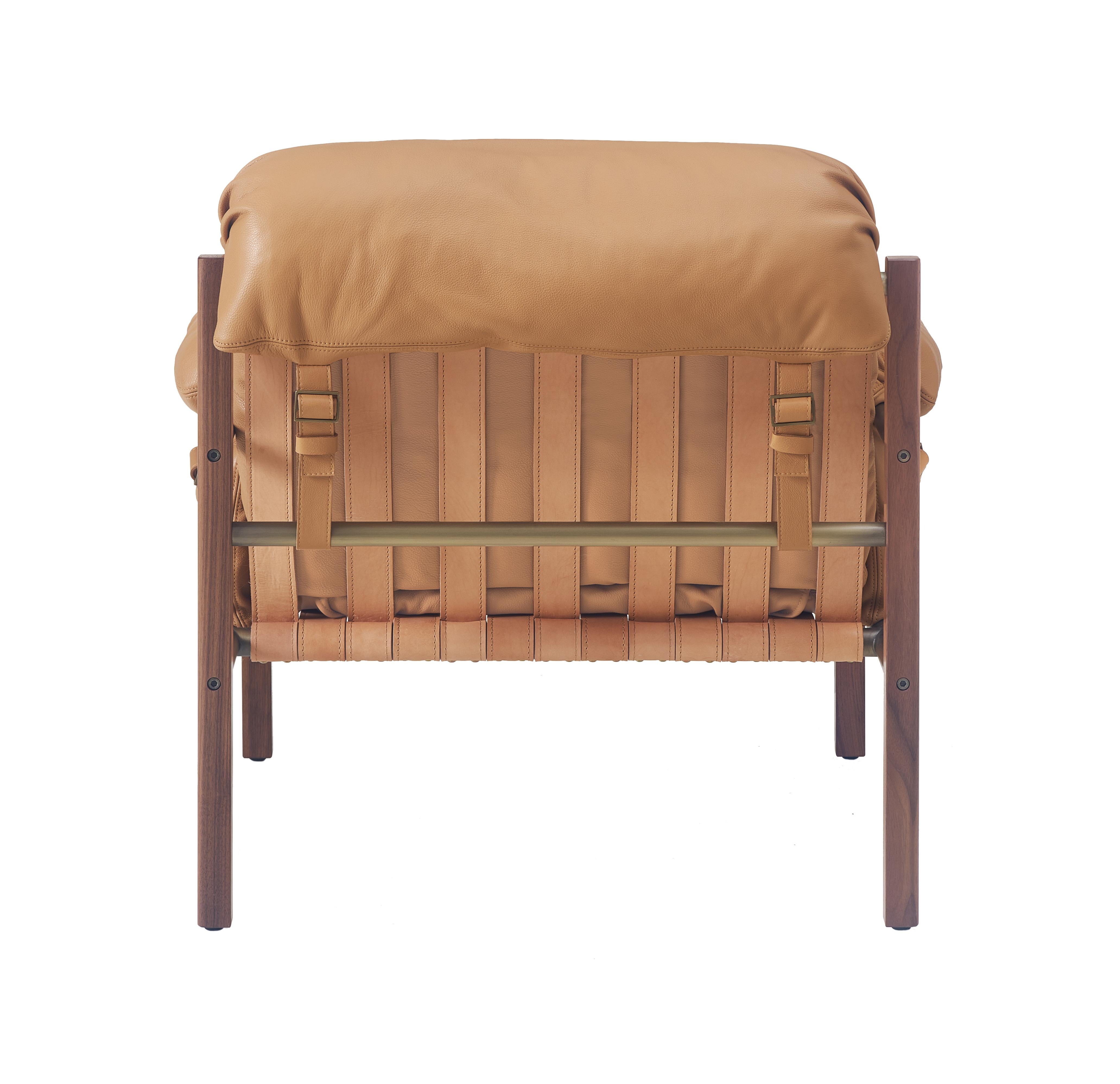 For Sale: Brown (Comfort 43632 Camel) Sling Club Chair in Solid Walnut, Bronze and Leather Designed by Craig Bassam 4