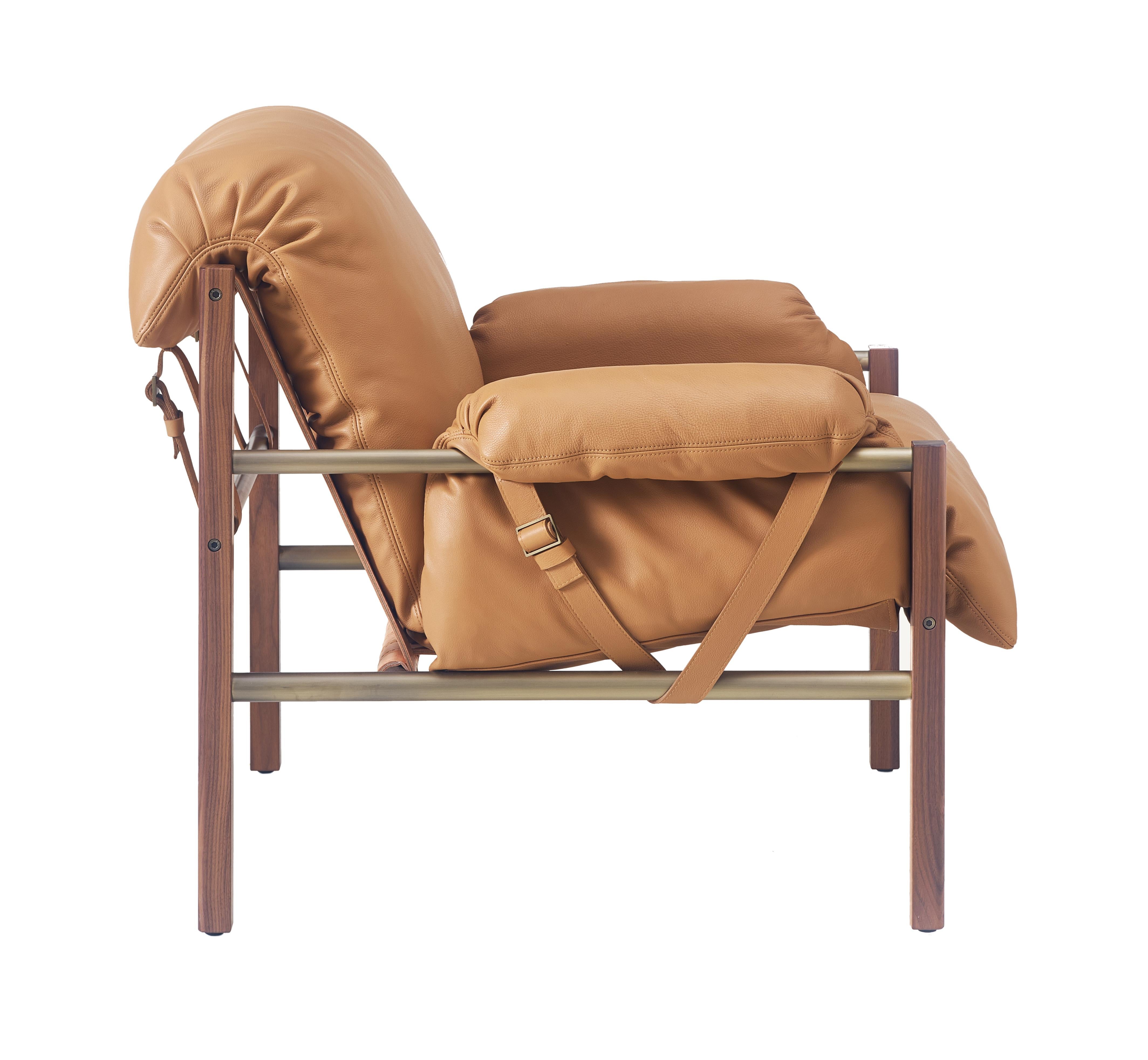 For Sale: Brown (Comfort 43632 Camel) Sling Club Chair in Solid Walnut, Bronze and Leather Designed by Craig Bassam 5