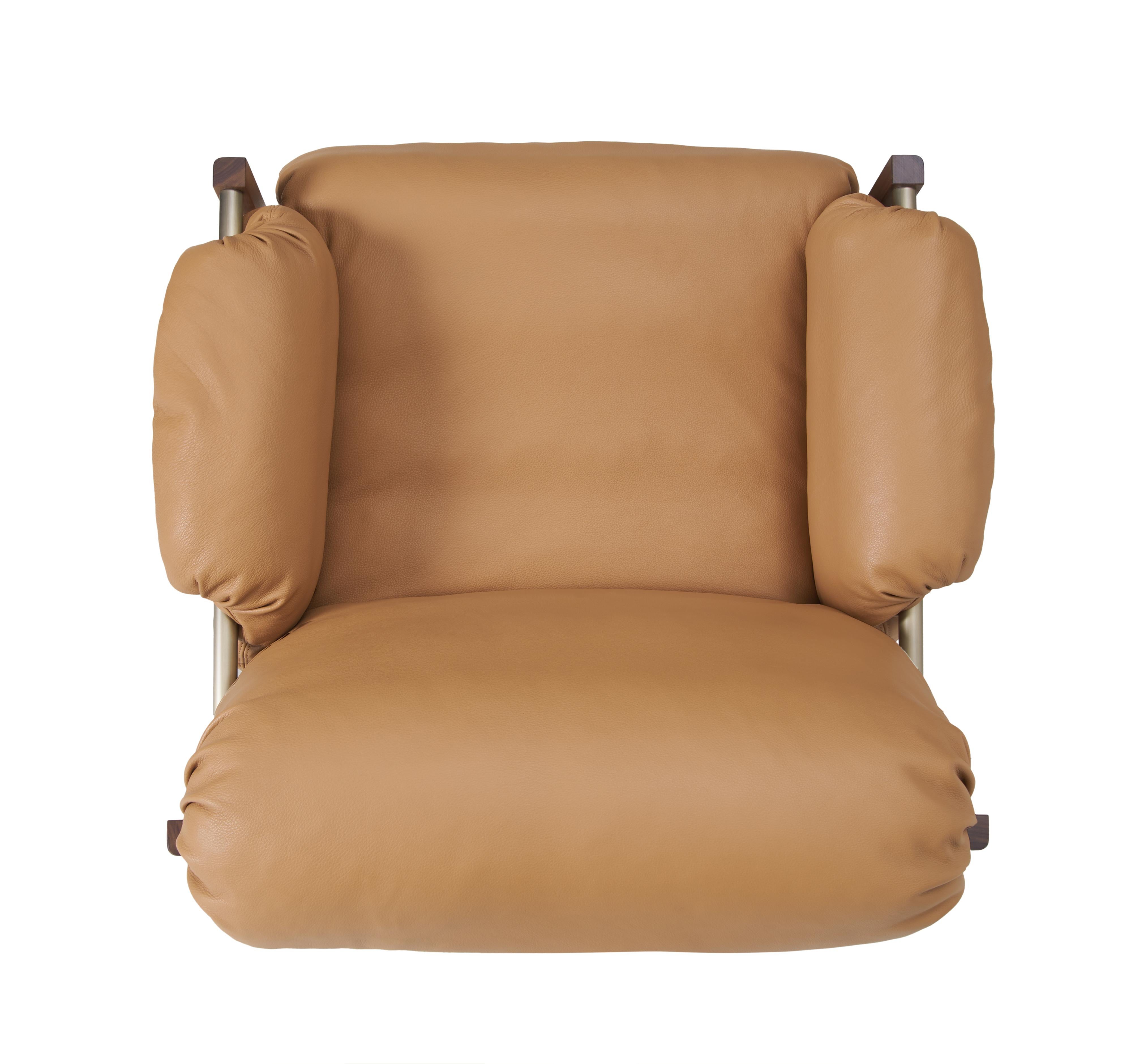 For Sale: Brown (Comfort 43632 Camel) Sling Club Chair in Solid Walnut, Bronze and Leather Designed by Craig Bassam 6