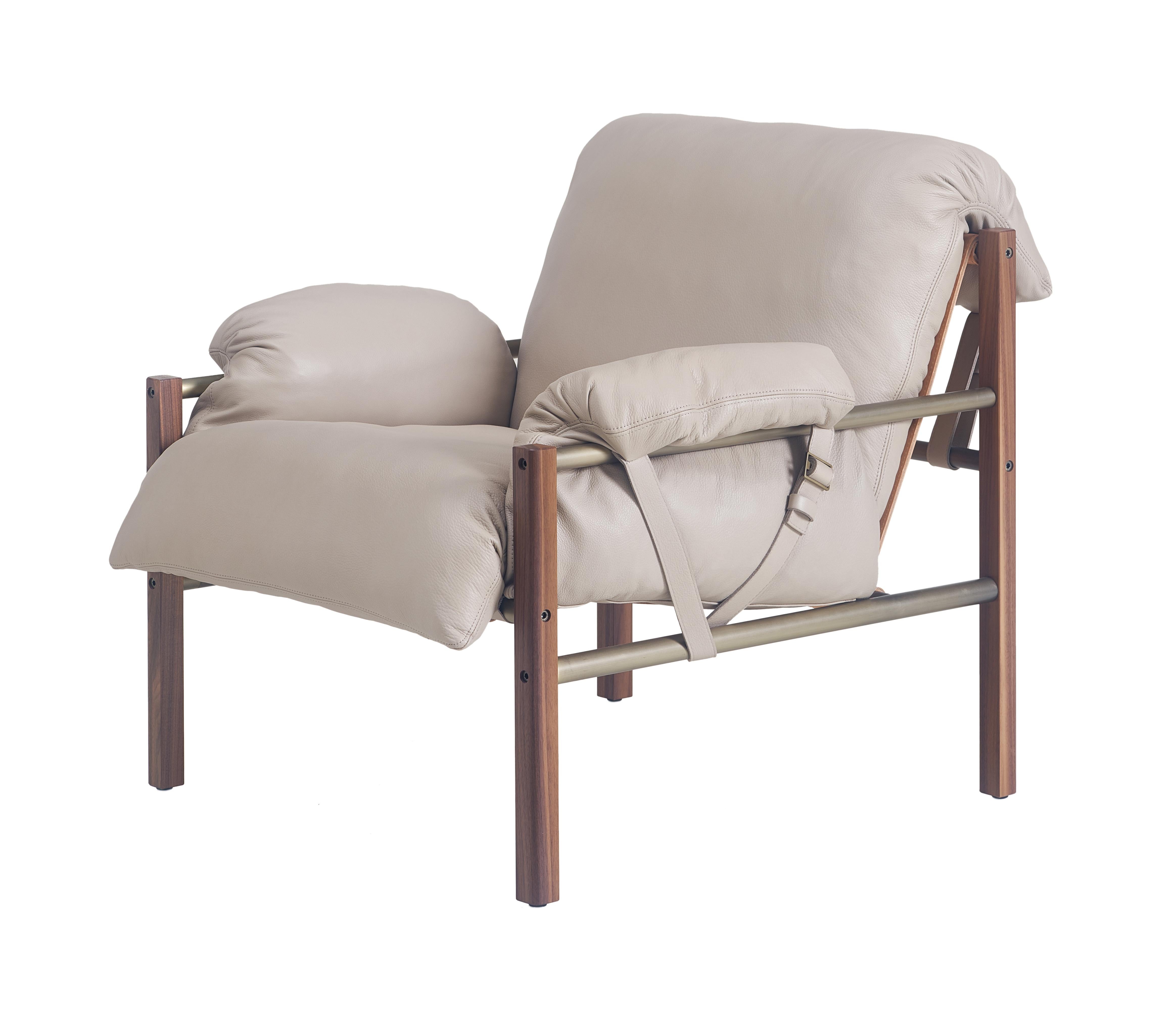 For Sale: Gray (Comfort 12114 Gray Beige) Sling Club Chair in Solid Walnut, Bronze and Leather Designed by Craig Bassam