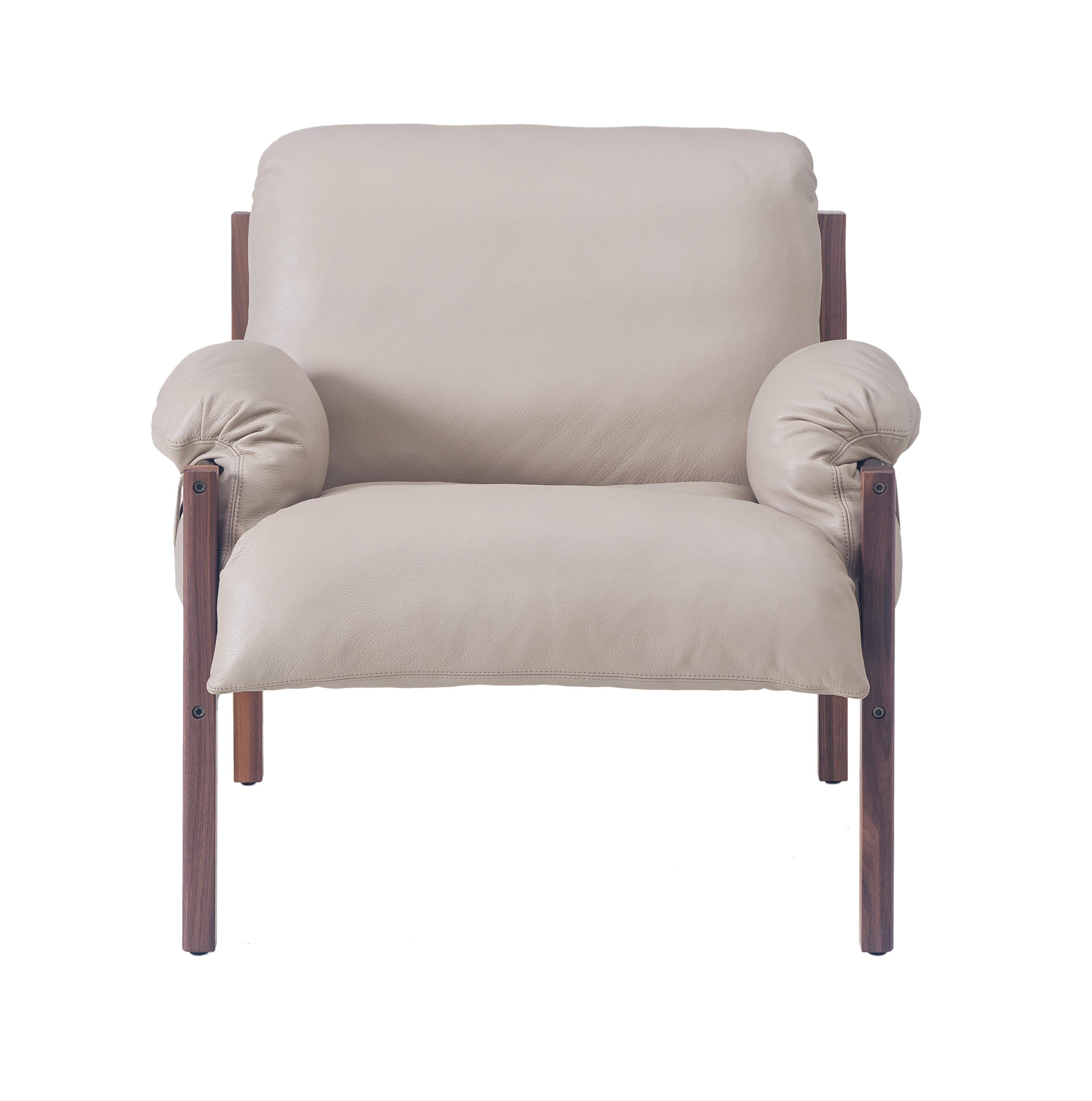 For Sale: Gray (Comfort 12114 Gray Beige) Sling Club Chair in Solid Walnut, Bronze and Leather Designed by Craig Bassam 3