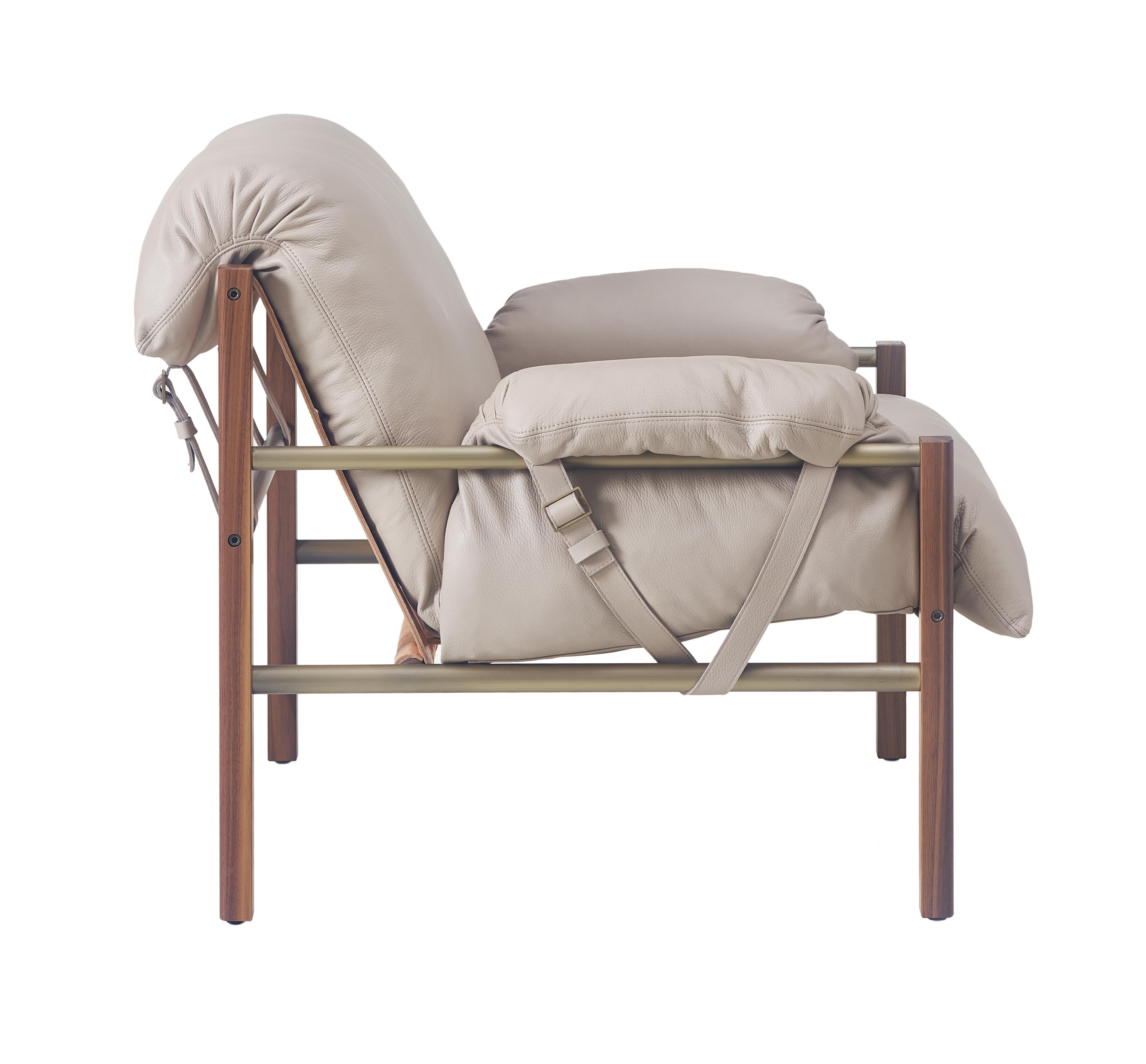 For Sale: Gray (Comfort 12114 Gray Beige) Sling Club Chair in Solid Walnut, Bronze and Leather Designed by Craig Bassam 5