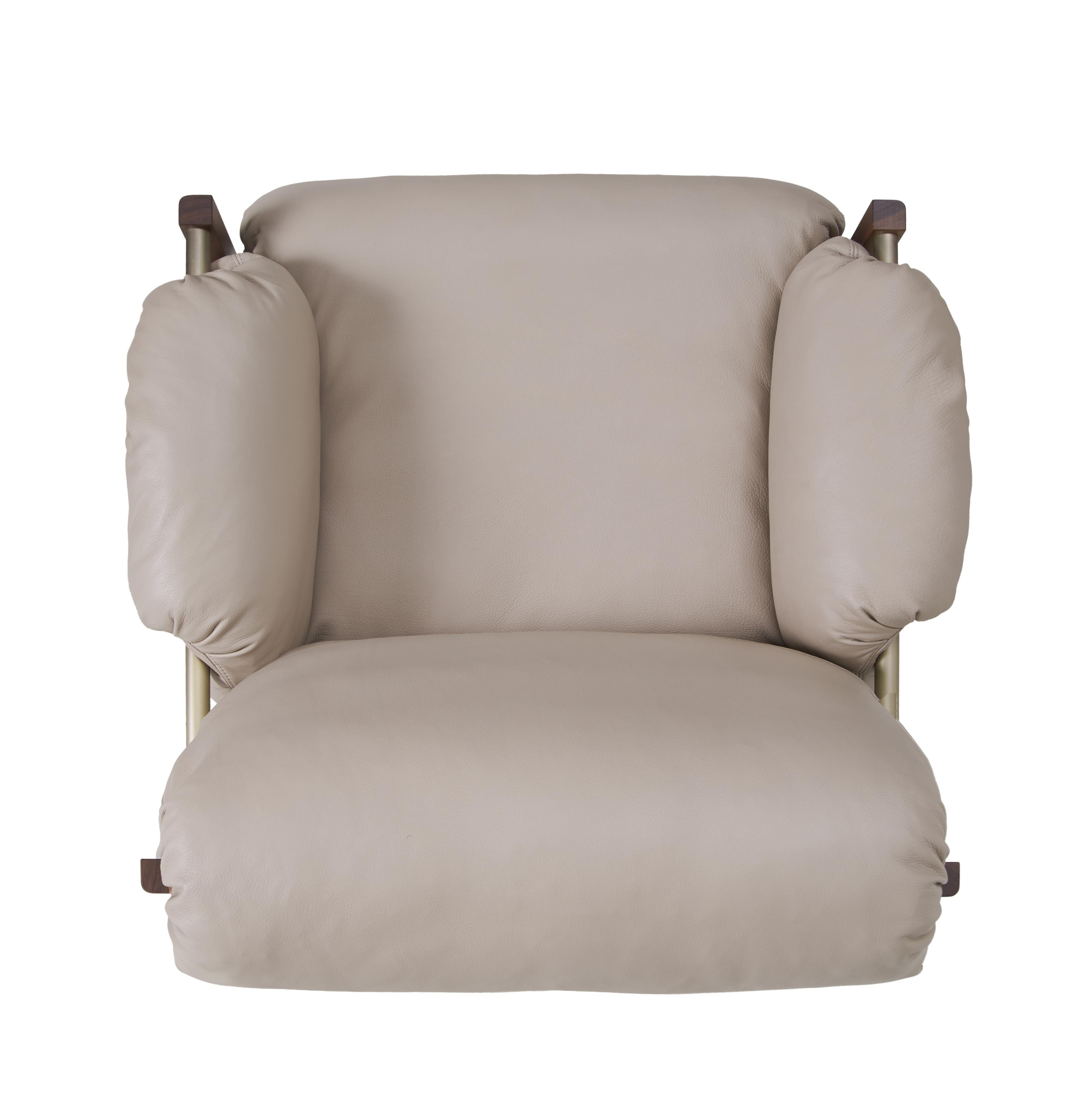 For Sale: Gray (Comfort 12114 Gray Beige) Sling Club Chair in Solid Walnut, Bronze and Leather Designed by Craig Bassam 6