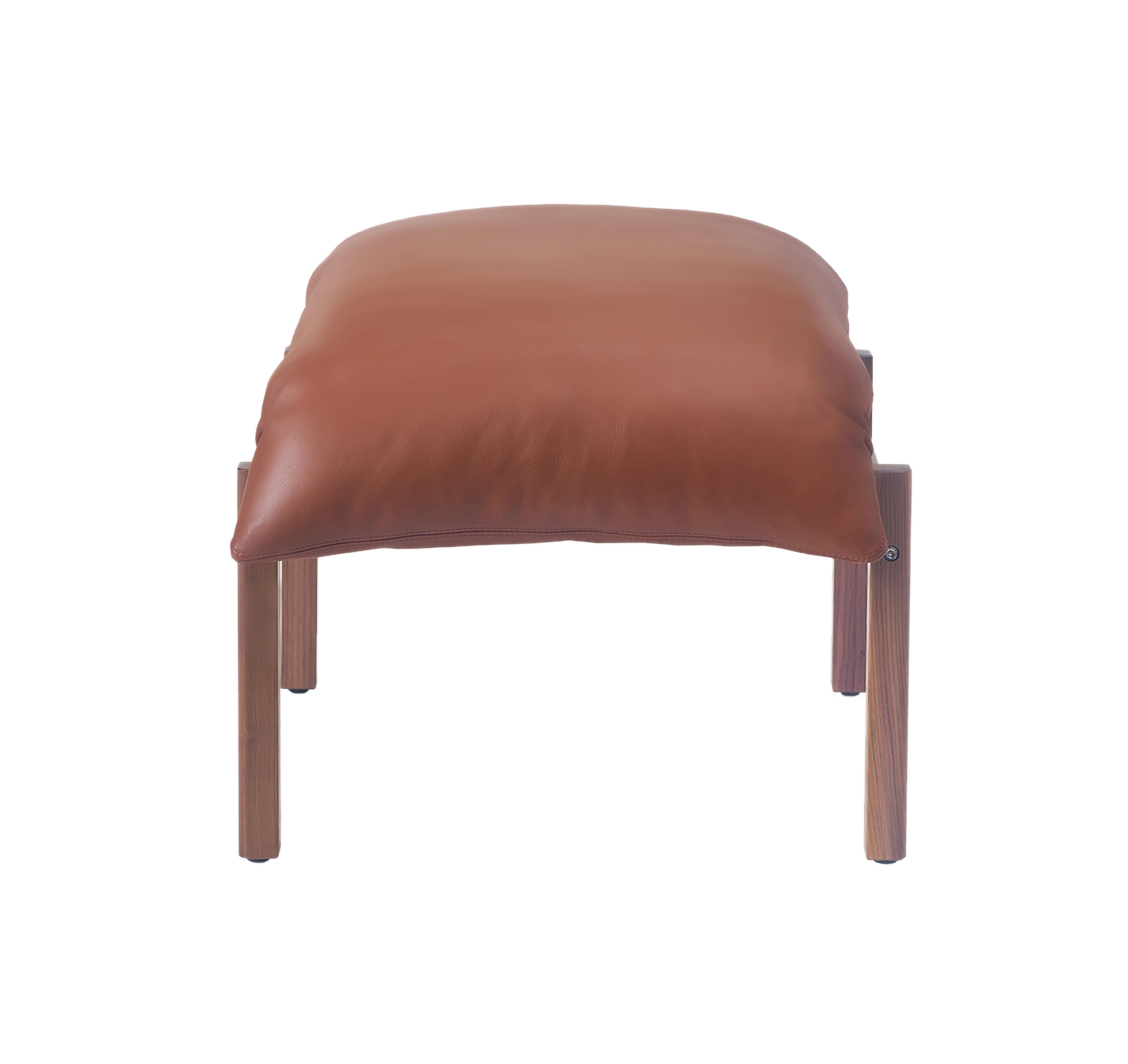 For Sale: Brown (Comfort 33286 Chestnut Brown) Sling Ottoman in Solid Walnut, Satin Nickel and Leather Designed by Craig Bassam 2