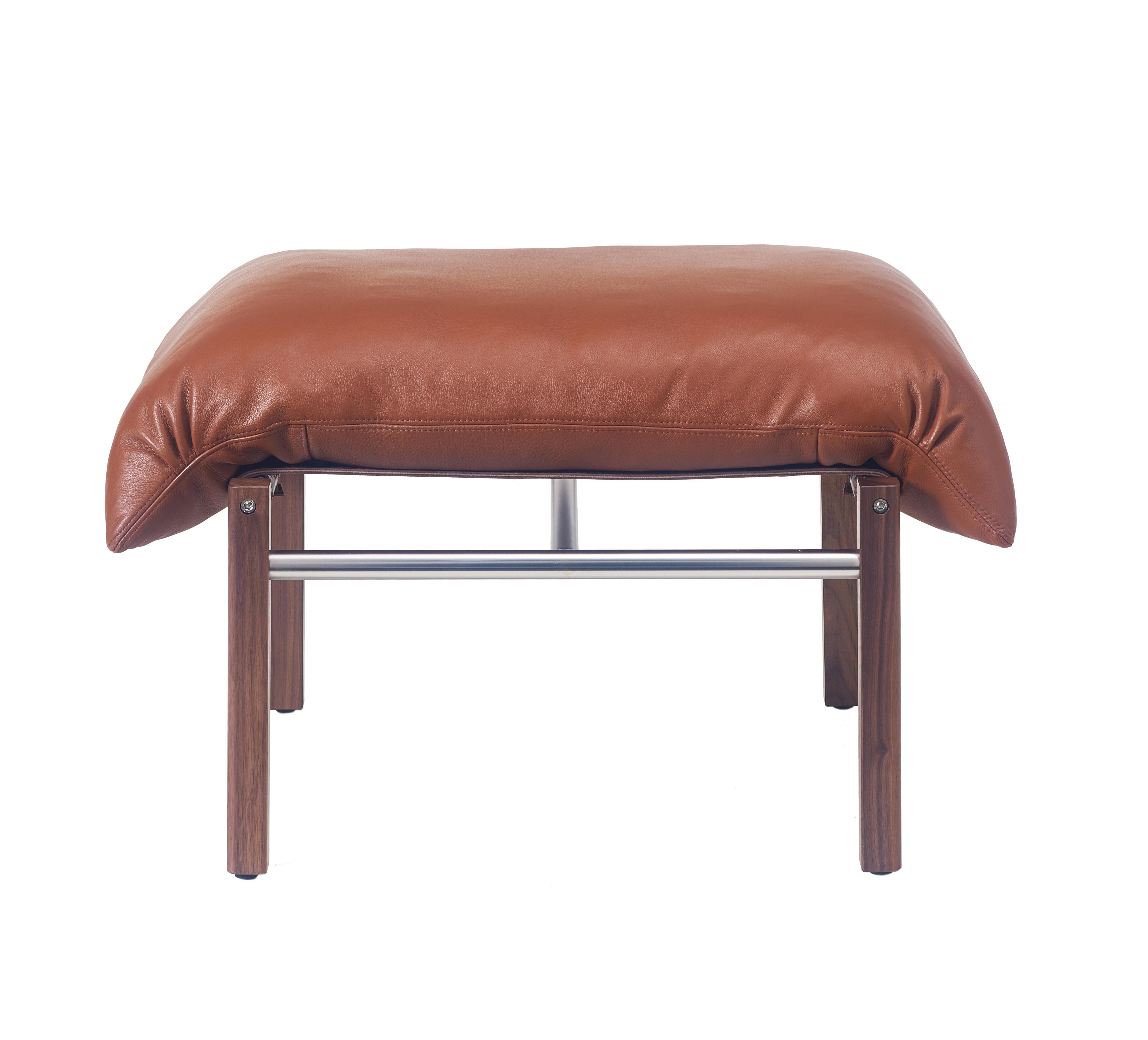 For Sale: Brown (Comfort 33286 Chestnut Brown) Sling Ottoman in Solid Walnut, Satin Nickel and Leather Designed by Craig Bassam 3