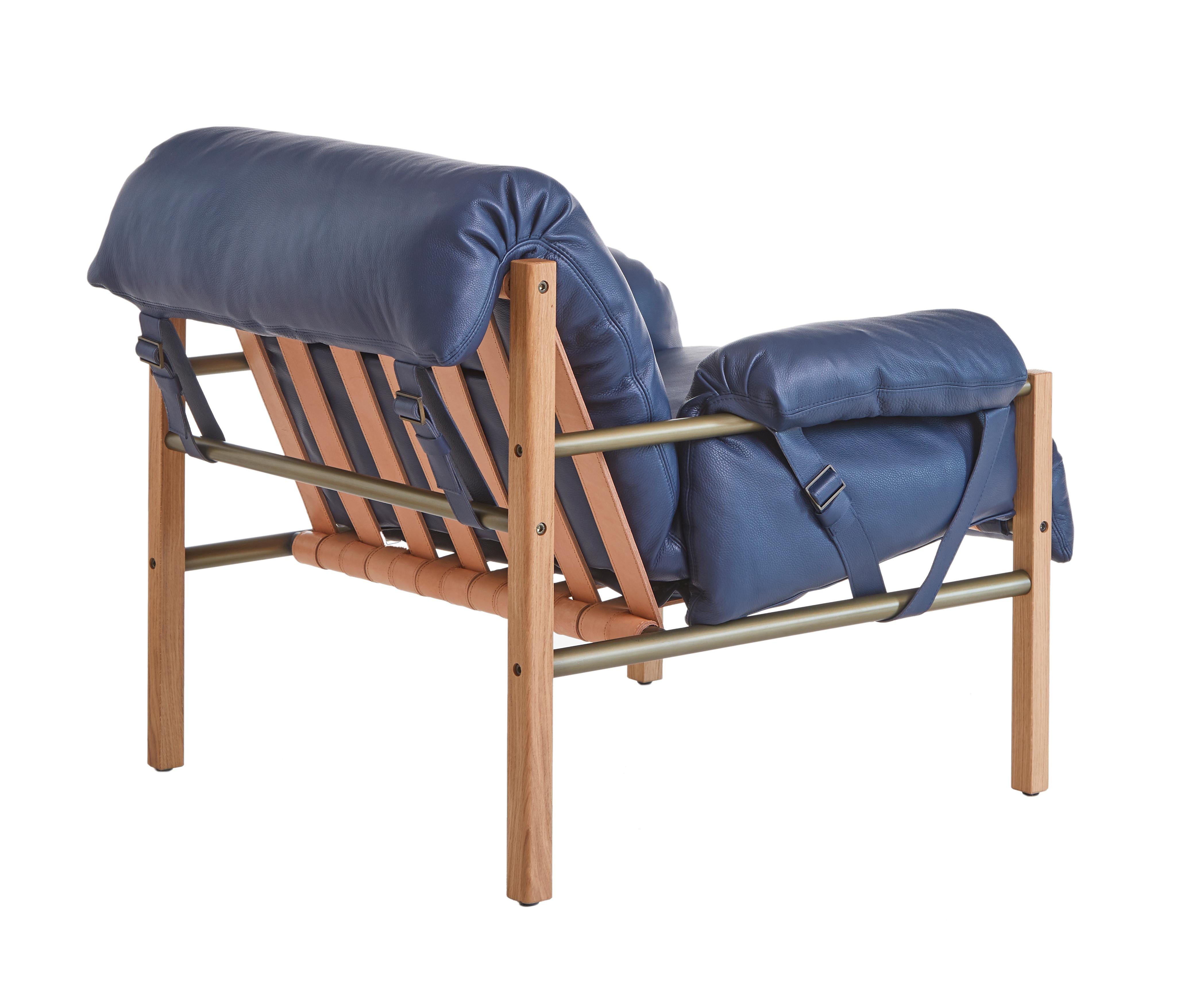 For Sale: Blue (Comfort 97054 Navy) Sling Club Chair in Solid White Oak, Bronze and Leather Designed by Craig Bassam 2