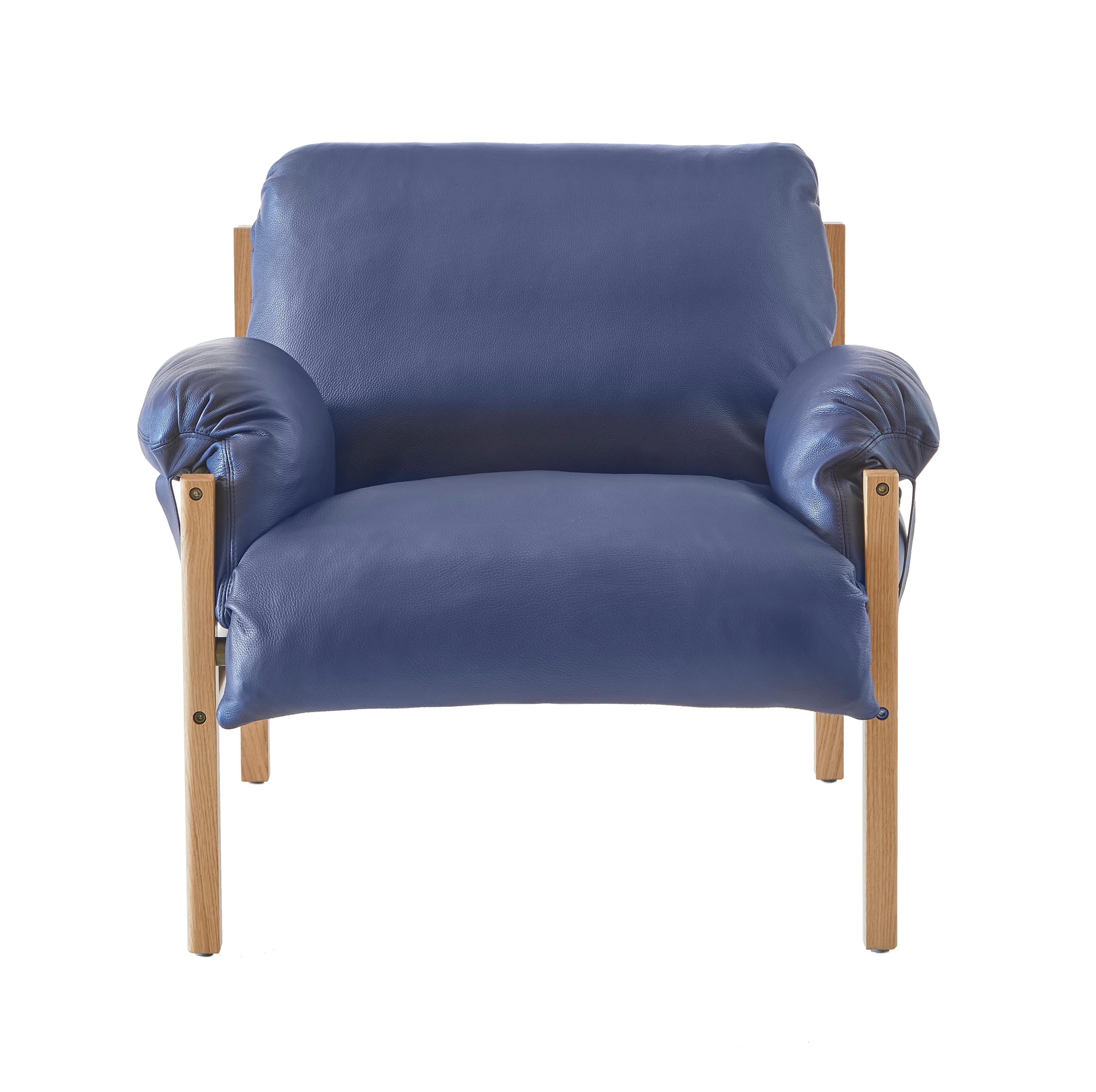 For Sale: Blue (Comfort 97054 Navy) Sling Club Chair in Solid White Oak, Bronze and Leather Designed by Craig Bassam 3