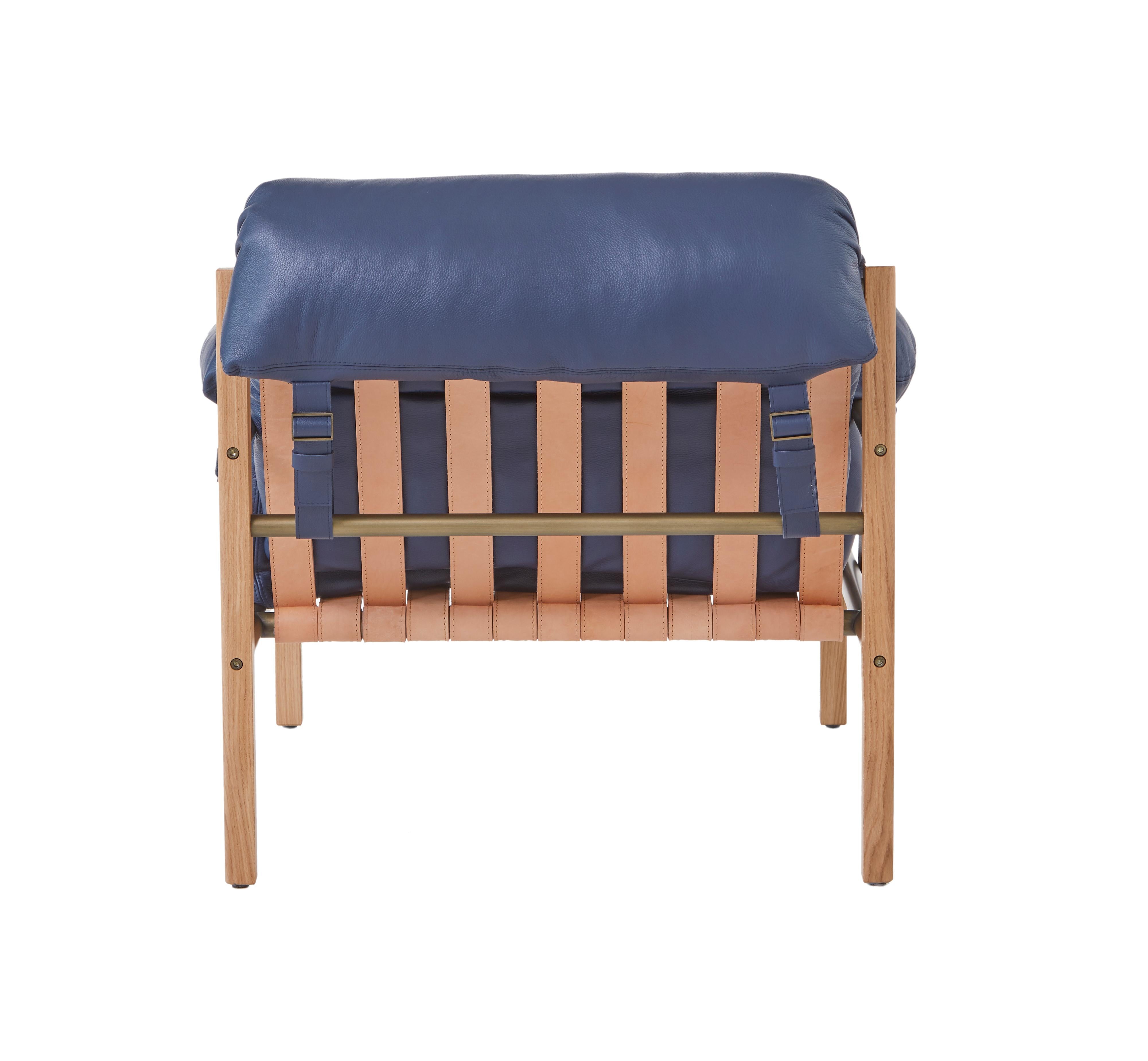 For Sale: Blue (Comfort 97054 Navy) Sling Club Chair in Solid White Oak, Bronze and Leather Designed by Craig Bassam 4