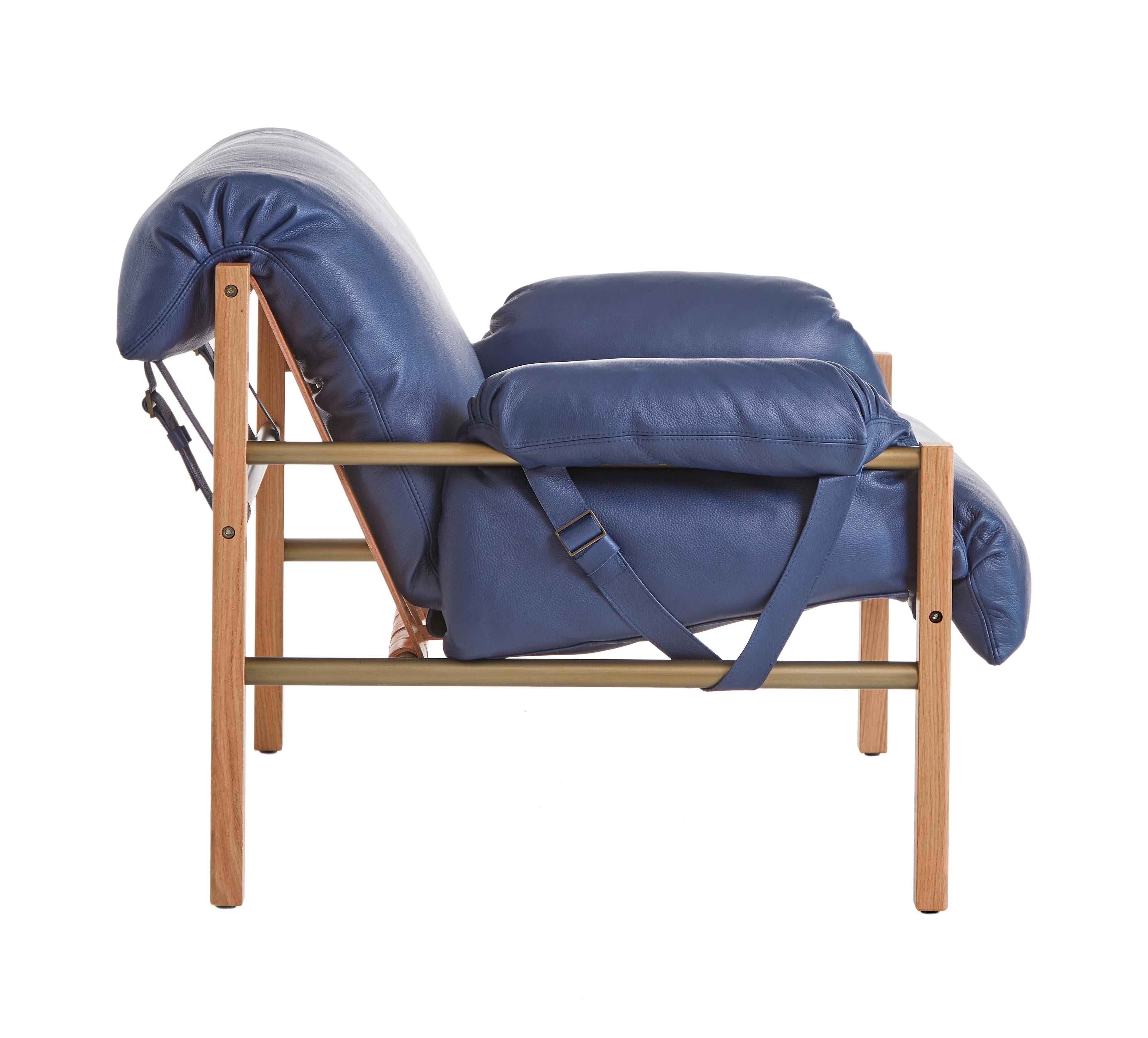 For Sale: Blue (Comfort 97054 Navy) Sling Club Chair in Solid White Oak, Bronze and Leather Designed by Craig Bassam 5