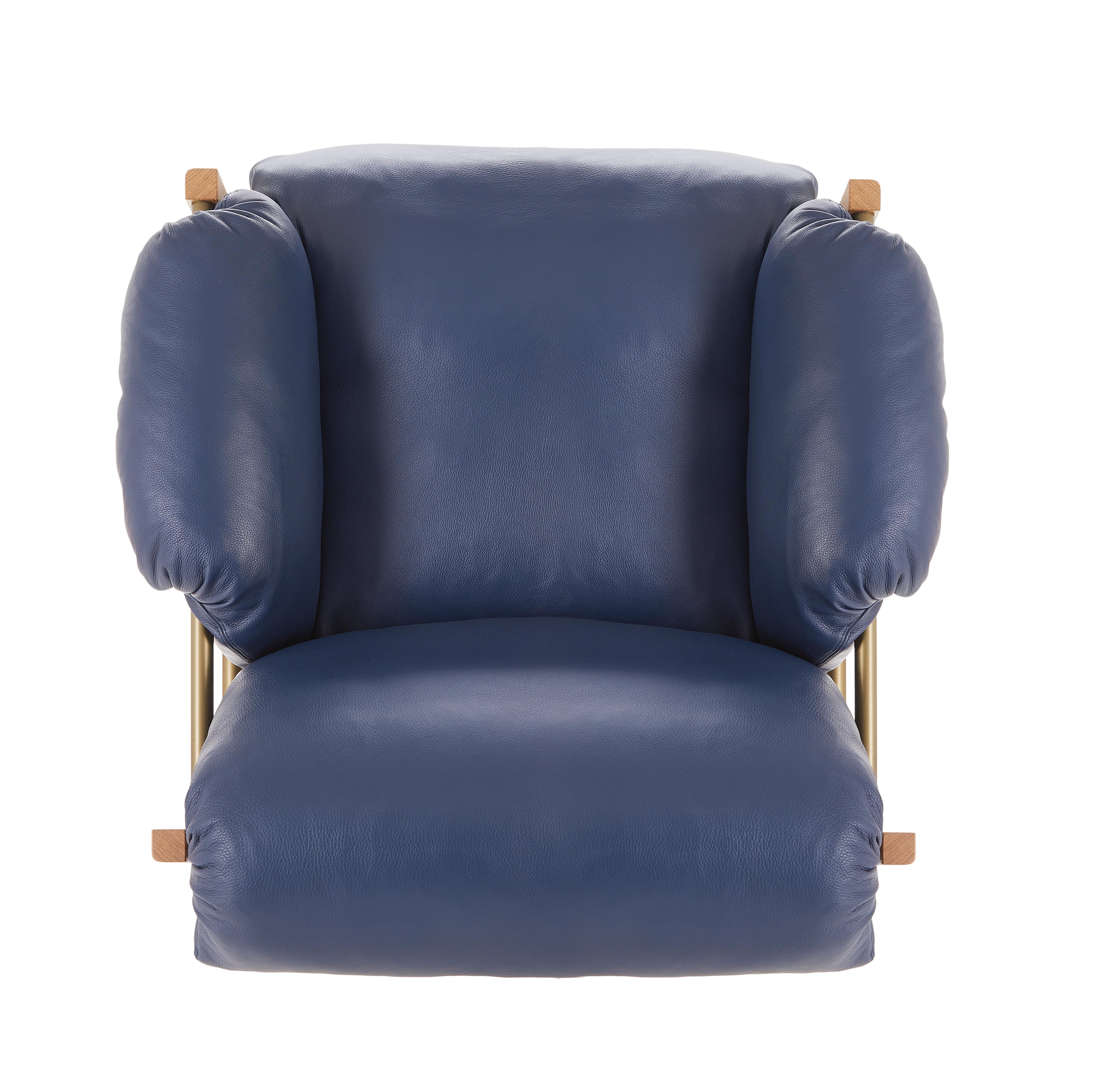 For Sale: Blue (Comfort 97054 Navy) Sling Club Chair in Solid White Oak, Bronze and Leather Designed by Craig Bassam 6