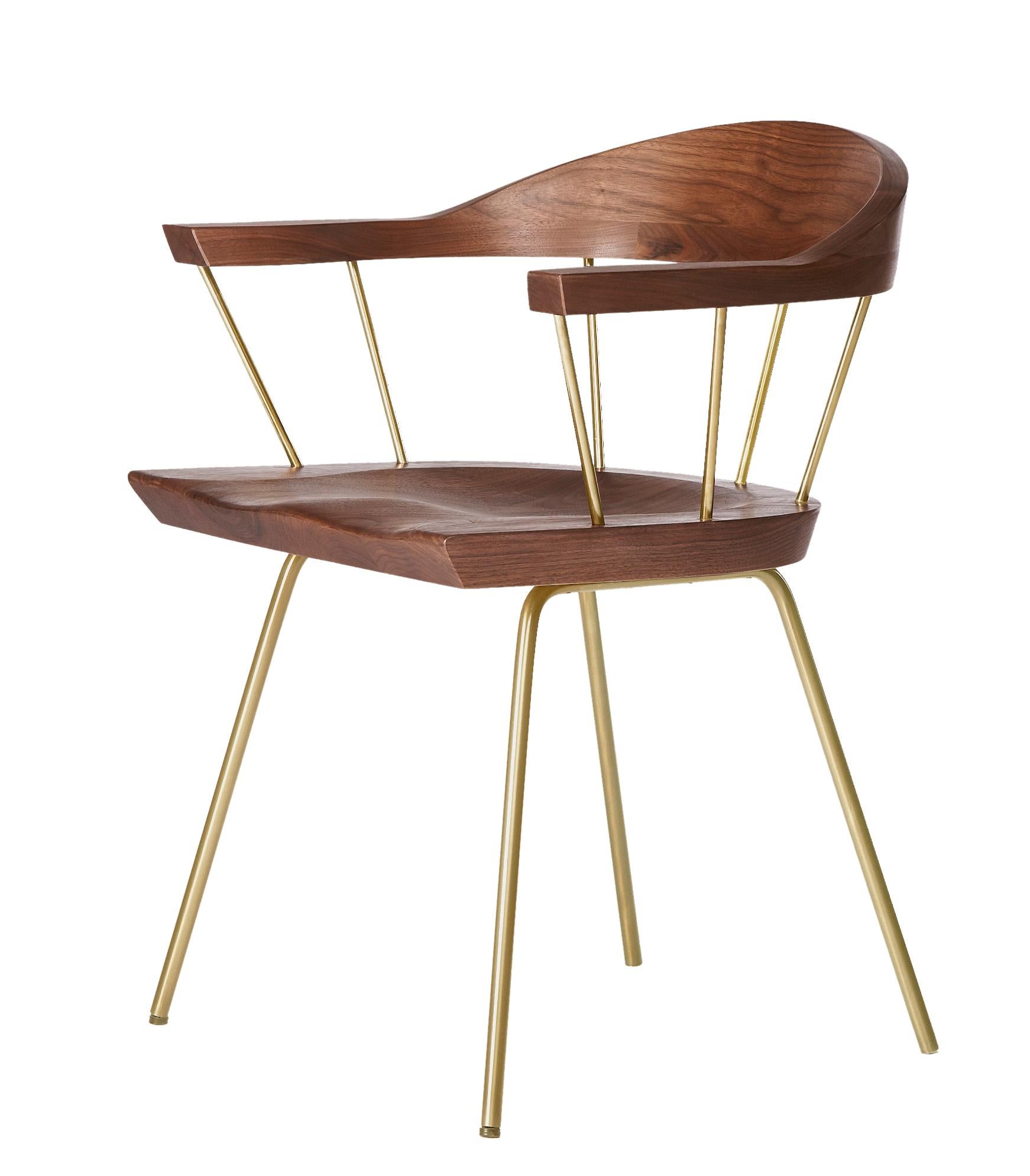 For Sale: Brown (Metal Satin Brass) Spindle Chair in Solid, Carved Walnut and Steel Designed by Craig Bassam