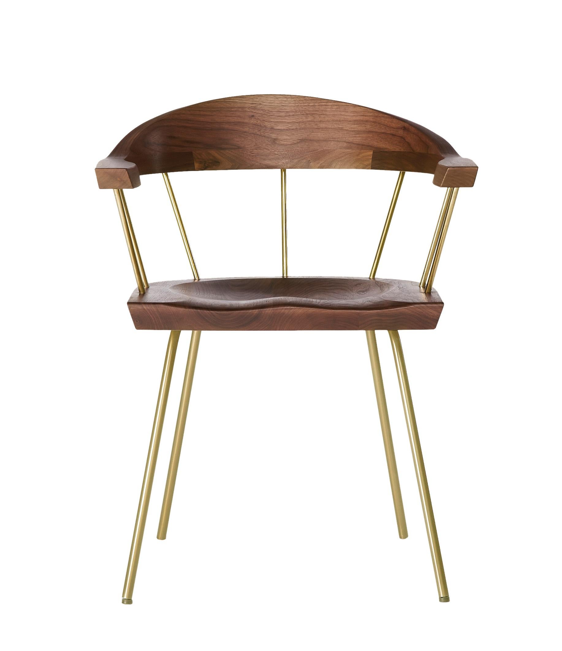 For Sale: Brown (Metal Satin Brass) Spindle Chair in Solid, Carved Walnut and Steel Designed by Craig Bassam 3