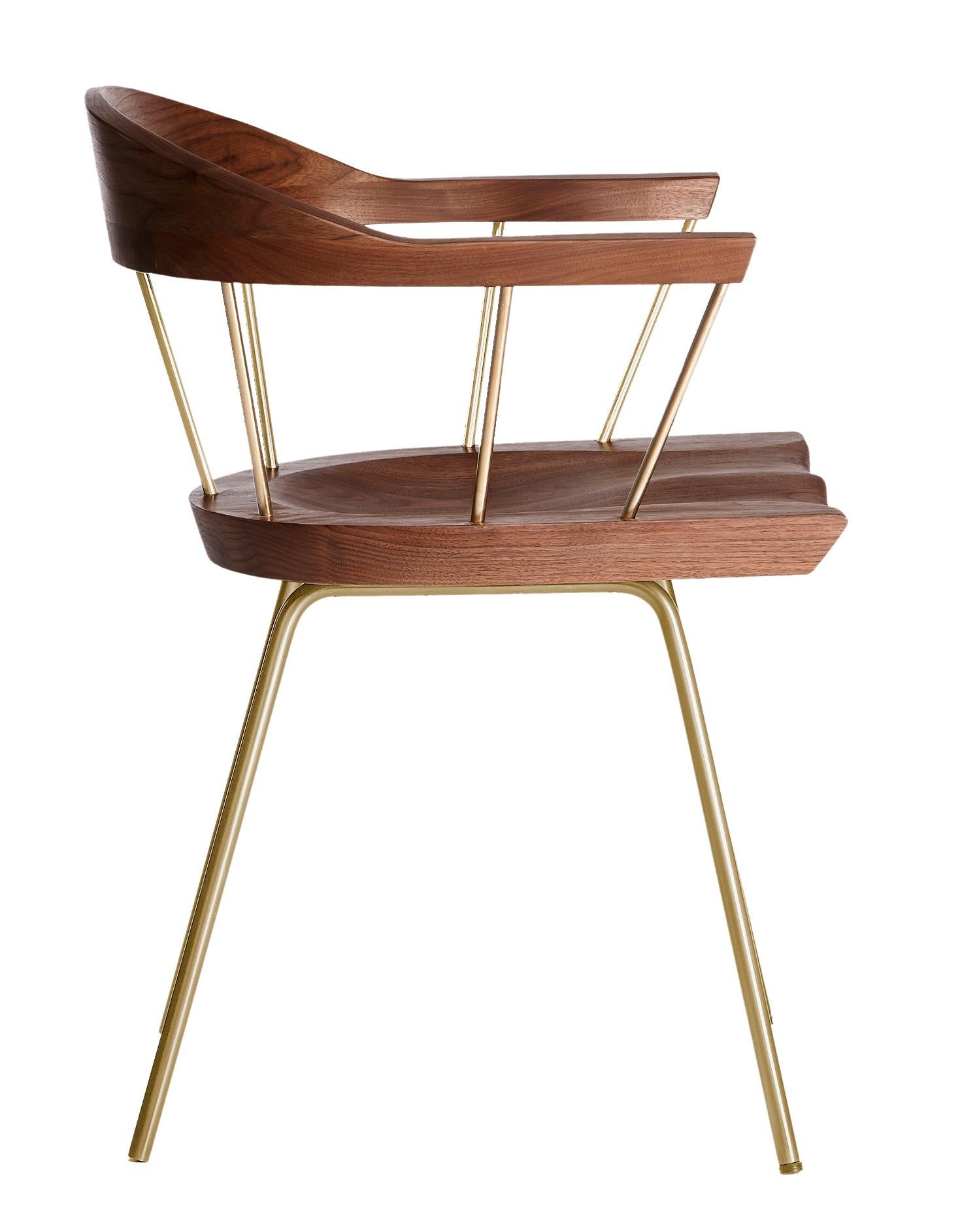 For Sale: Brown (Metal Satin Brass) Spindle Chair in Solid, Carved Walnut and Steel Designed by Craig Bassam 5