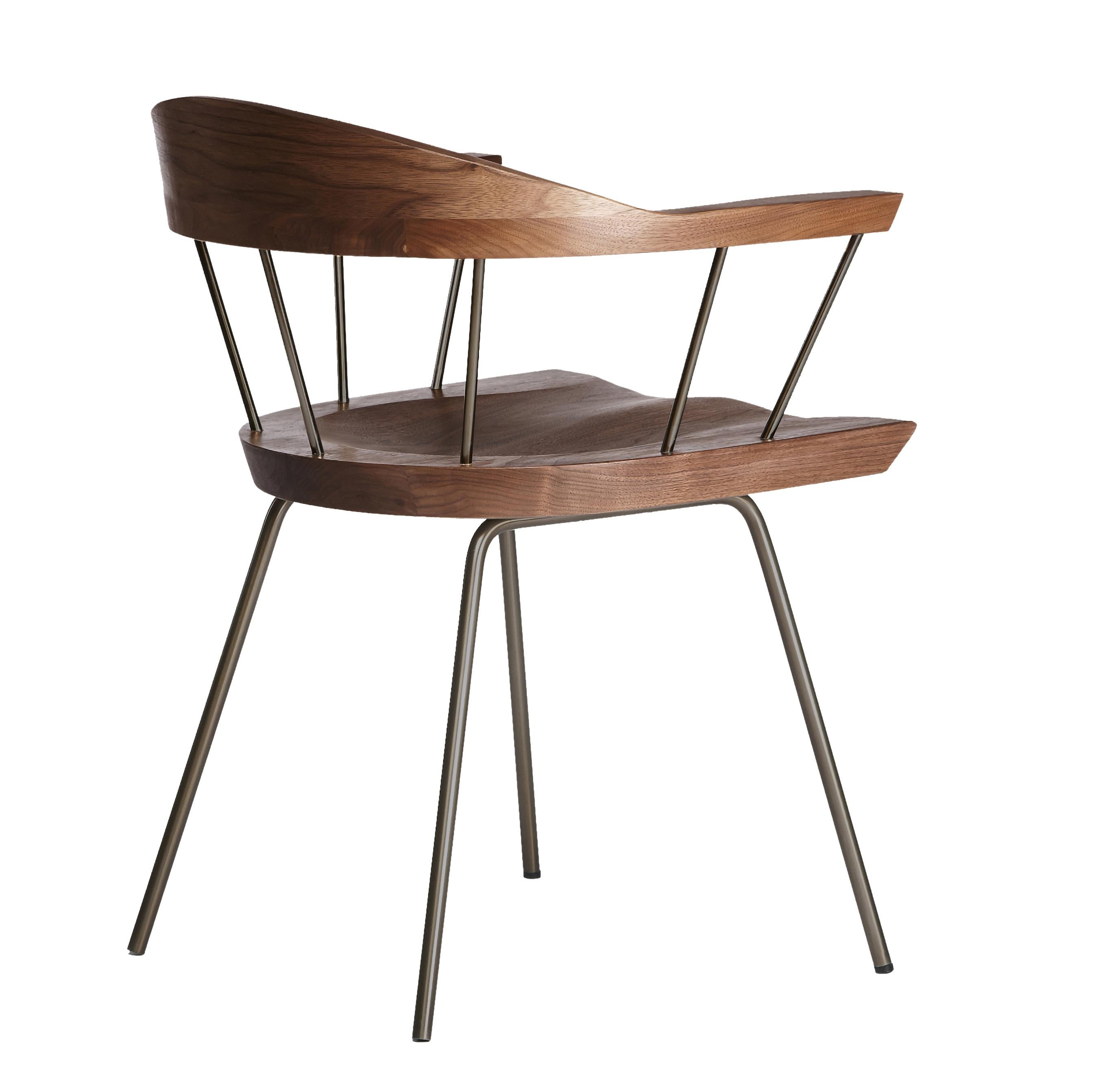 in vendita: Gray (Metal Bronze) Sedia Spindle in noce massiccio intagliato e acciaio, disegnata da Craig Bassam 2