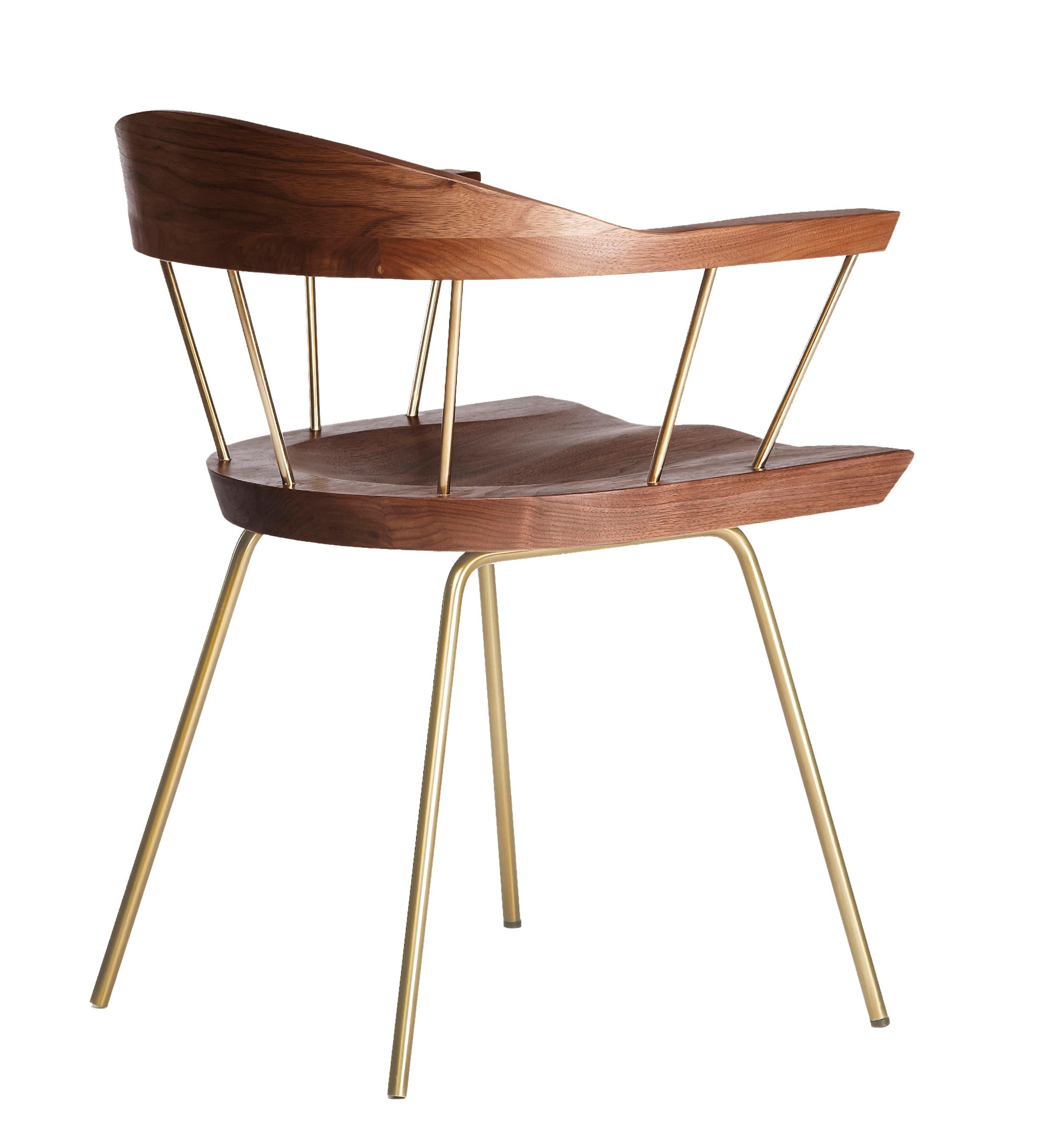 For Sale: Brown (Metal Satin Brass) Spindle Chair in Solid, Carved Walnut and Steel Designed by Craig Bassam 2