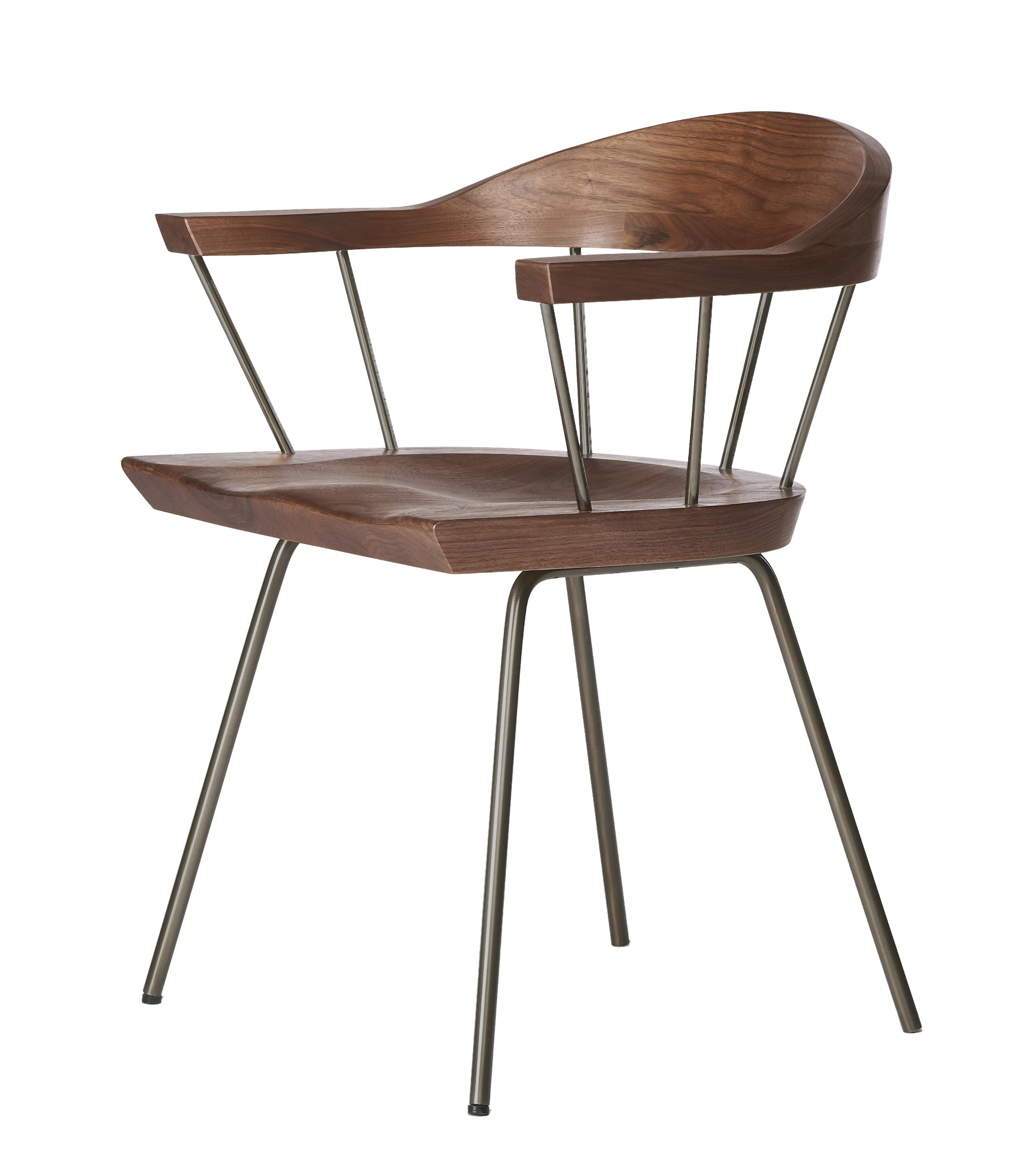 For Sale: Gray (Metal Bronze) Spindle Chair in Solid, Carved Walnut and Steel Designed by Craig Bassam