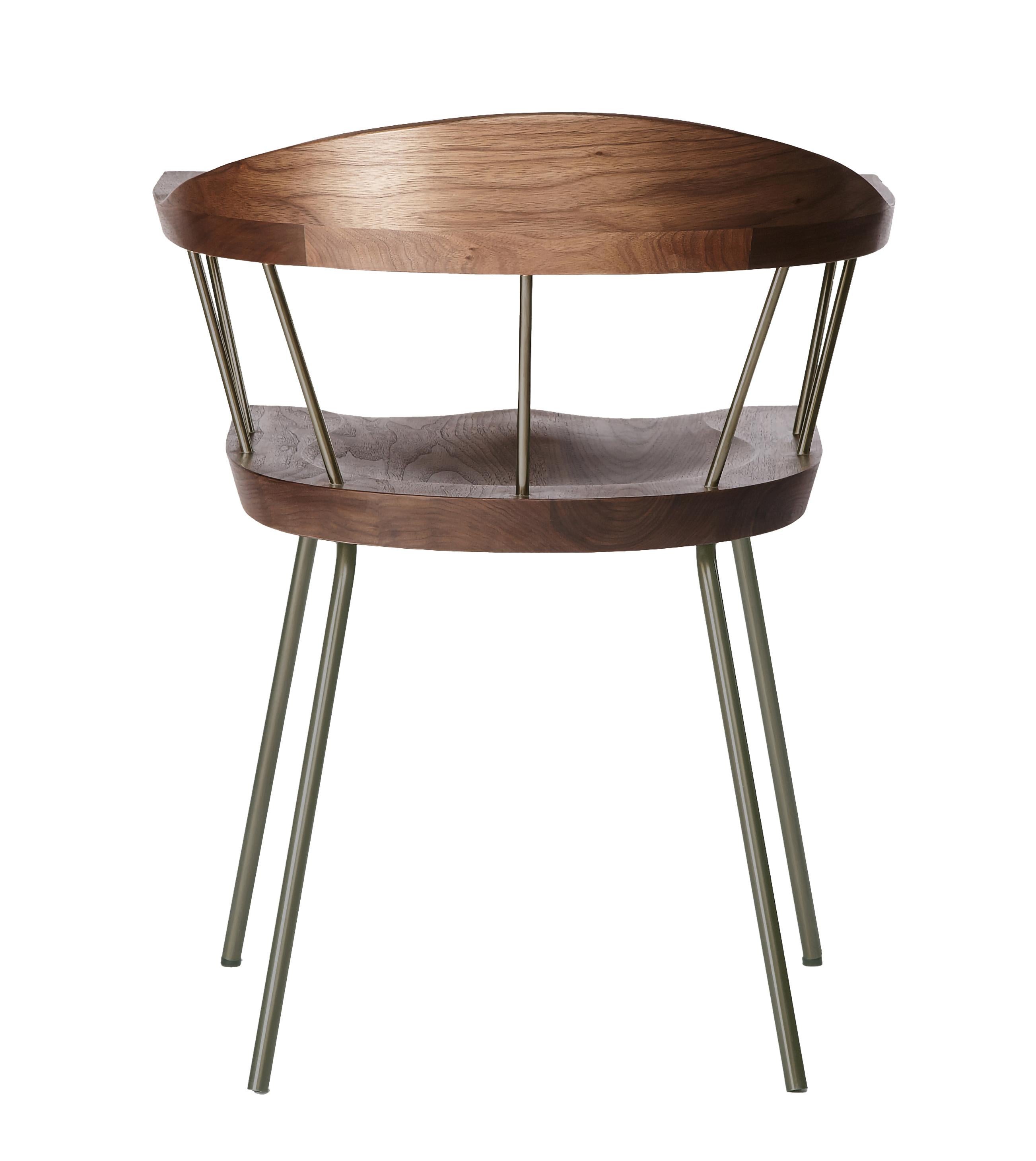 in vendita: Gray (Metal Bronze) Sedia Spindle in noce massiccio intagliato e acciaio, disegnata da Craig Bassam 4