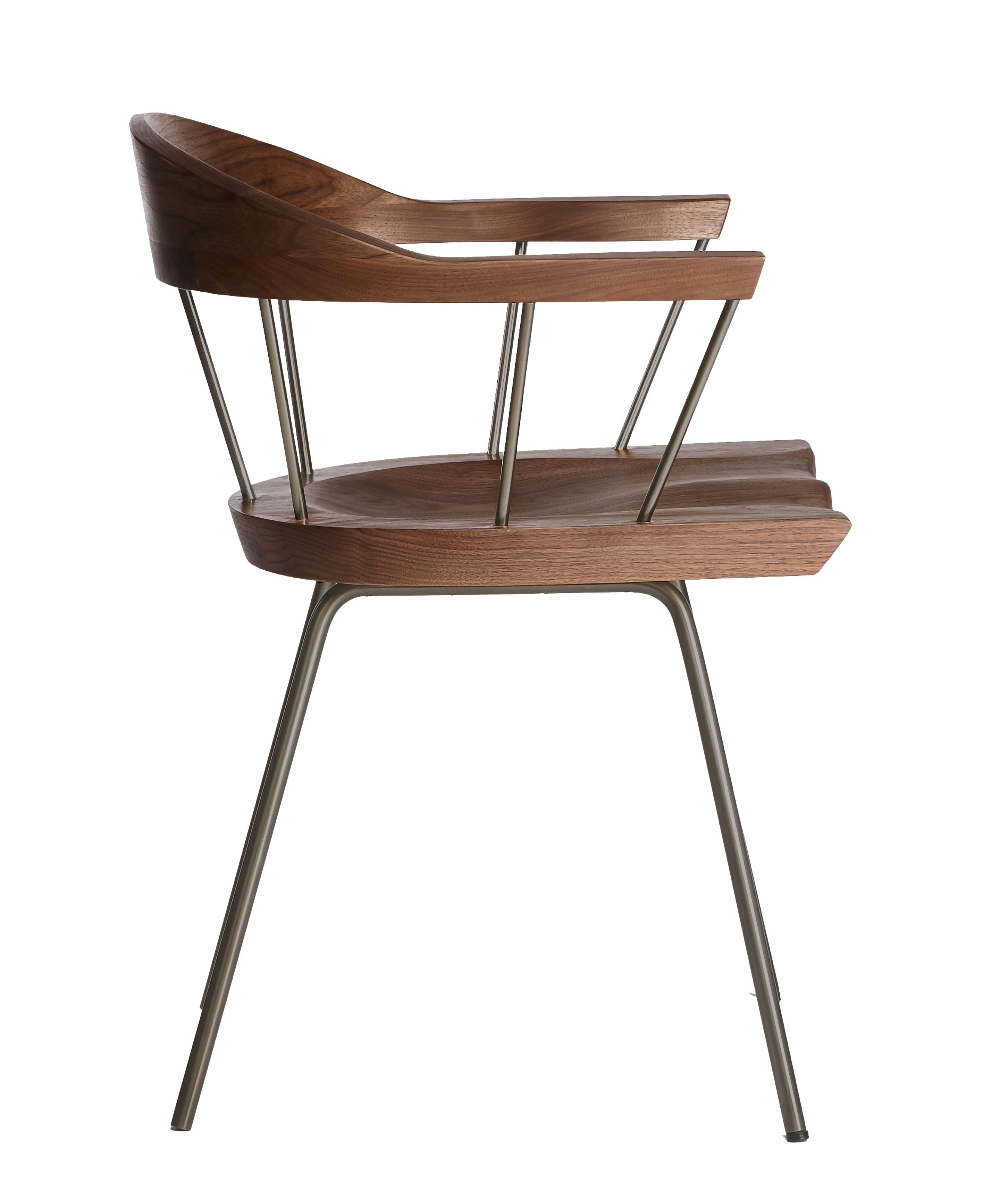 in vendita: Gray (Metal Bronze) Sedia Spindle in noce massiccio intagliato e acciaio, disegnata da Craig Bassam 5