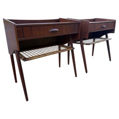 Vintage Danish mid century modern teak night stands with rattan shelves