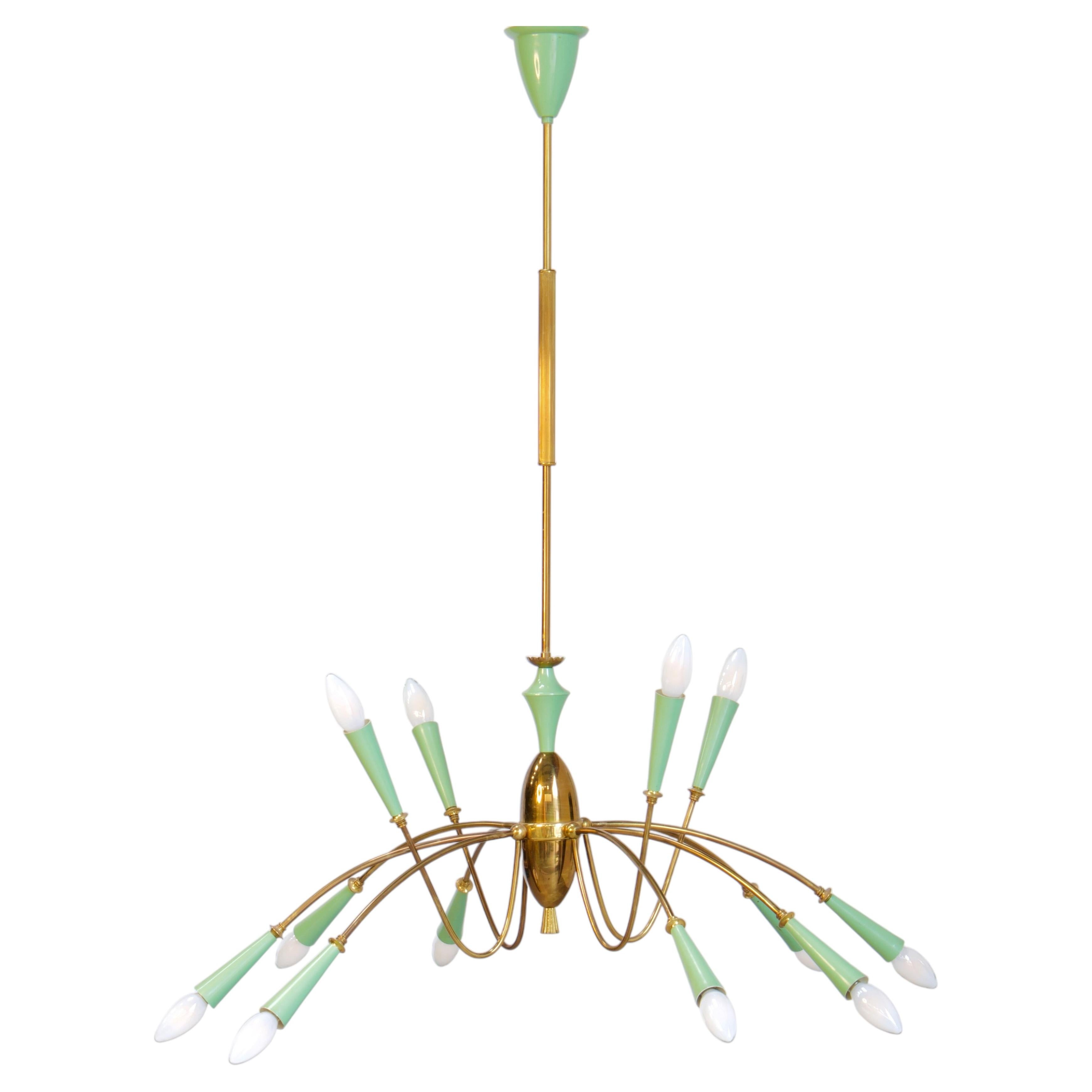 Extra Large 12-buIb Italian Mid Century Brass Chandelier, Oscar Torlasco Attr.