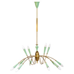 Extra Large 12-buIb Italian Mid Century Brass Chandelier, Oscar Torlasco Attr.