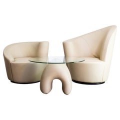 Vladimir Kagan Nautilus Set in Cream Beige Leather Armchairs & Coffee Table 2000