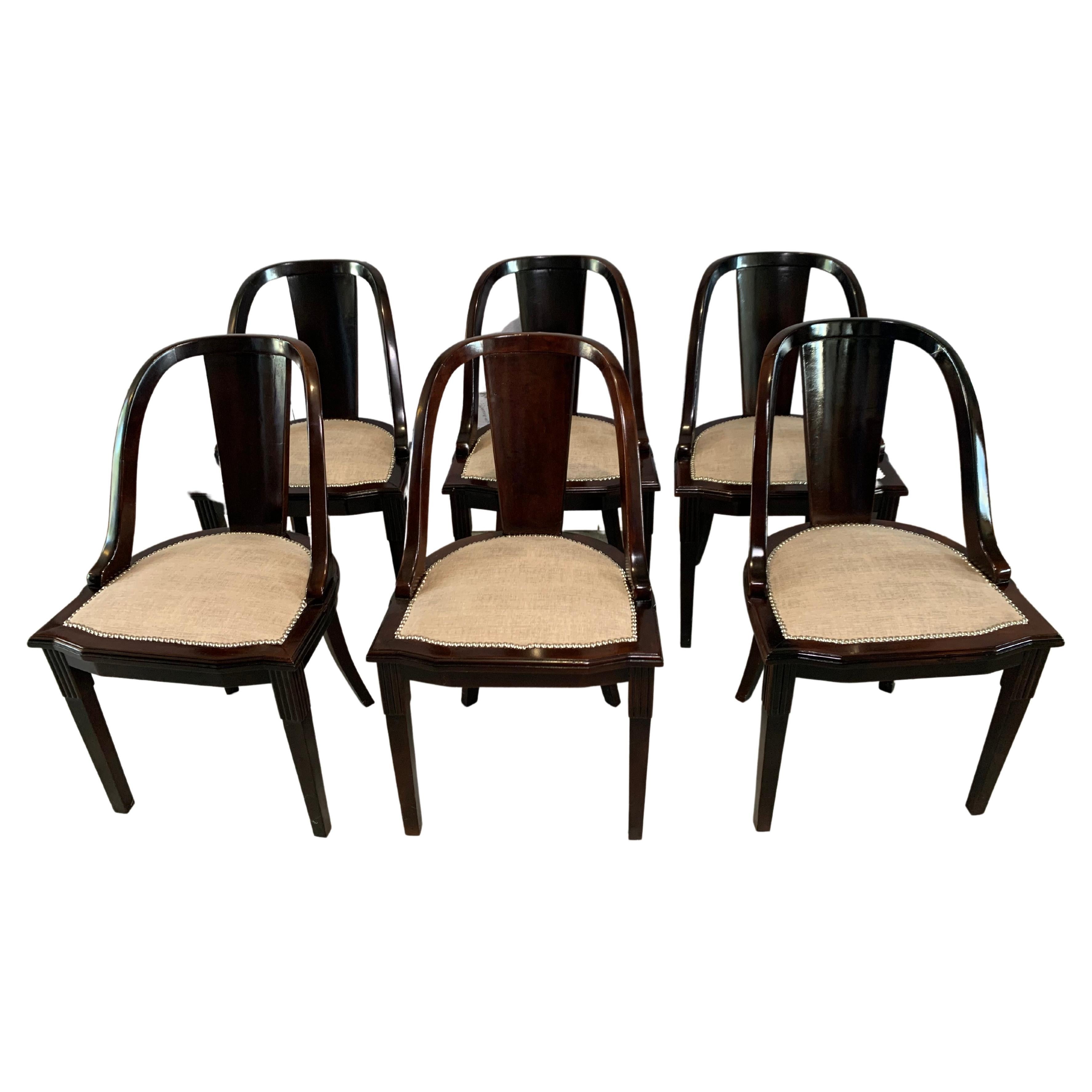 Set of 6 French Art Deco “Gondola” Dining Chairs, 1930s