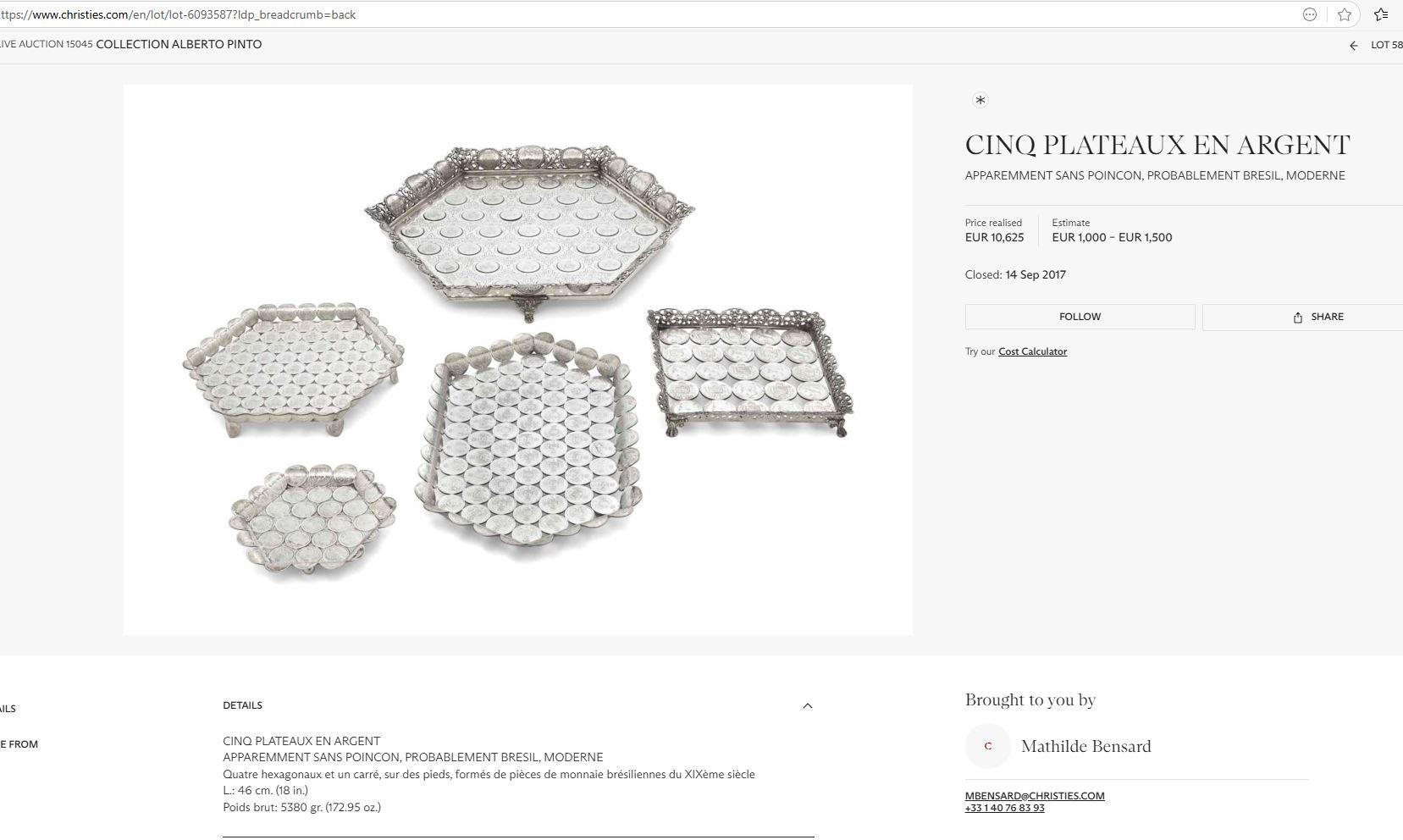 Raro set brasiliano di 3 vassoi con piedi in argento realizzati con monete del XIX e XX secolo in vendita 10