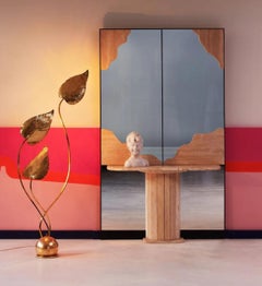 Magnificent wall mirror with travertine console, Italian design, Circa 70.