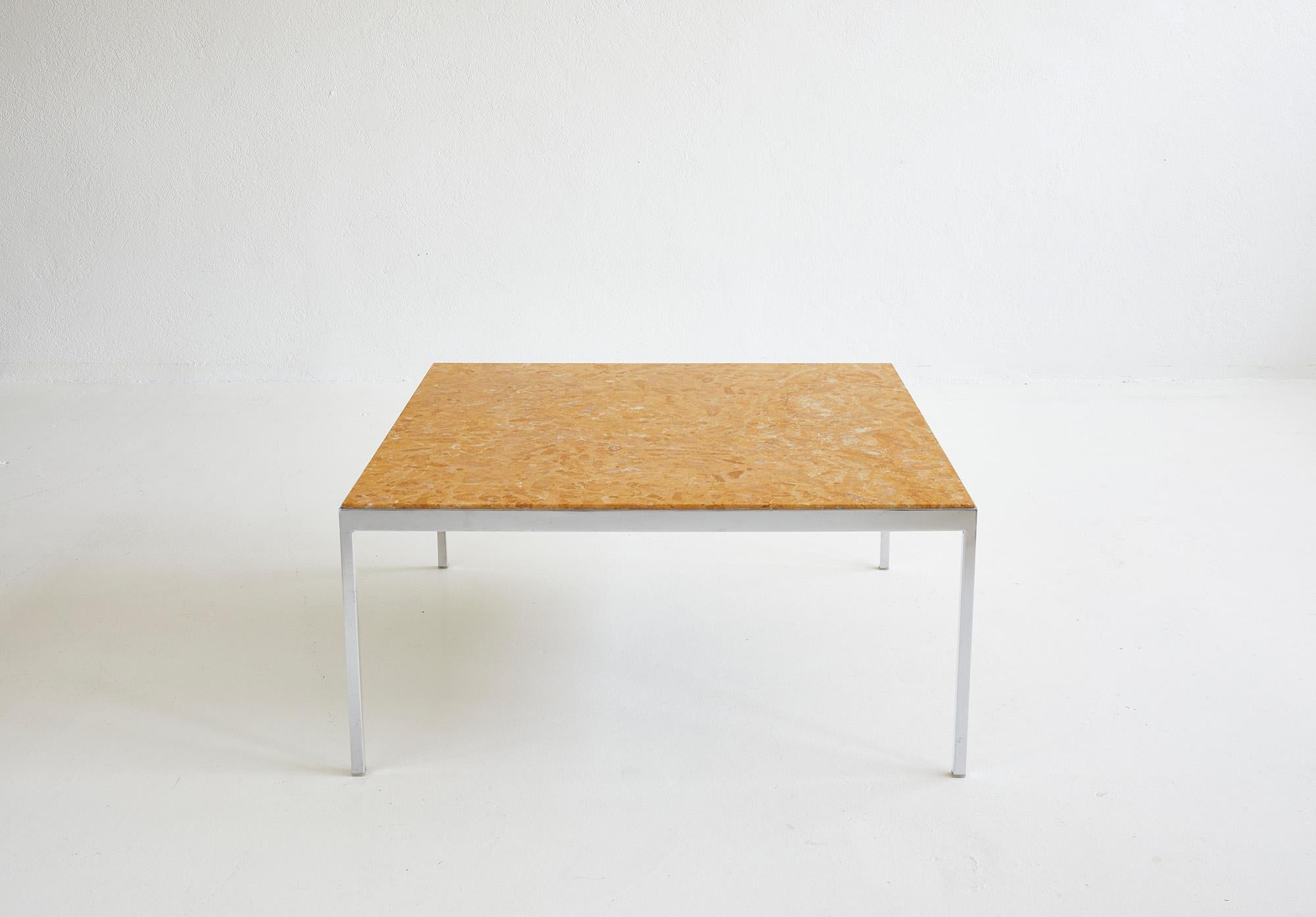 Mid-Century Modern Square yellow marble coffee table with chromed metal base 1970 For Sale