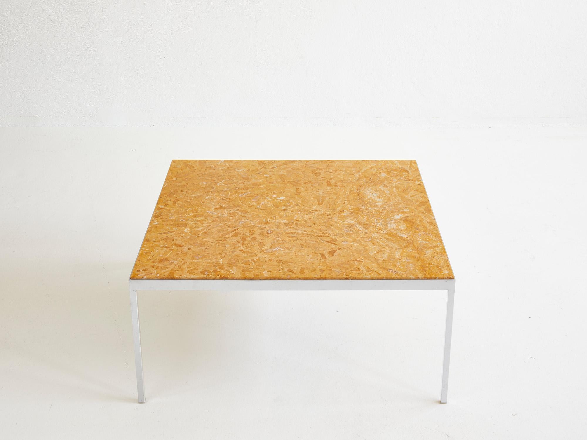 European Square yellow marble coffee table with chromed metal base 1970 For Sale