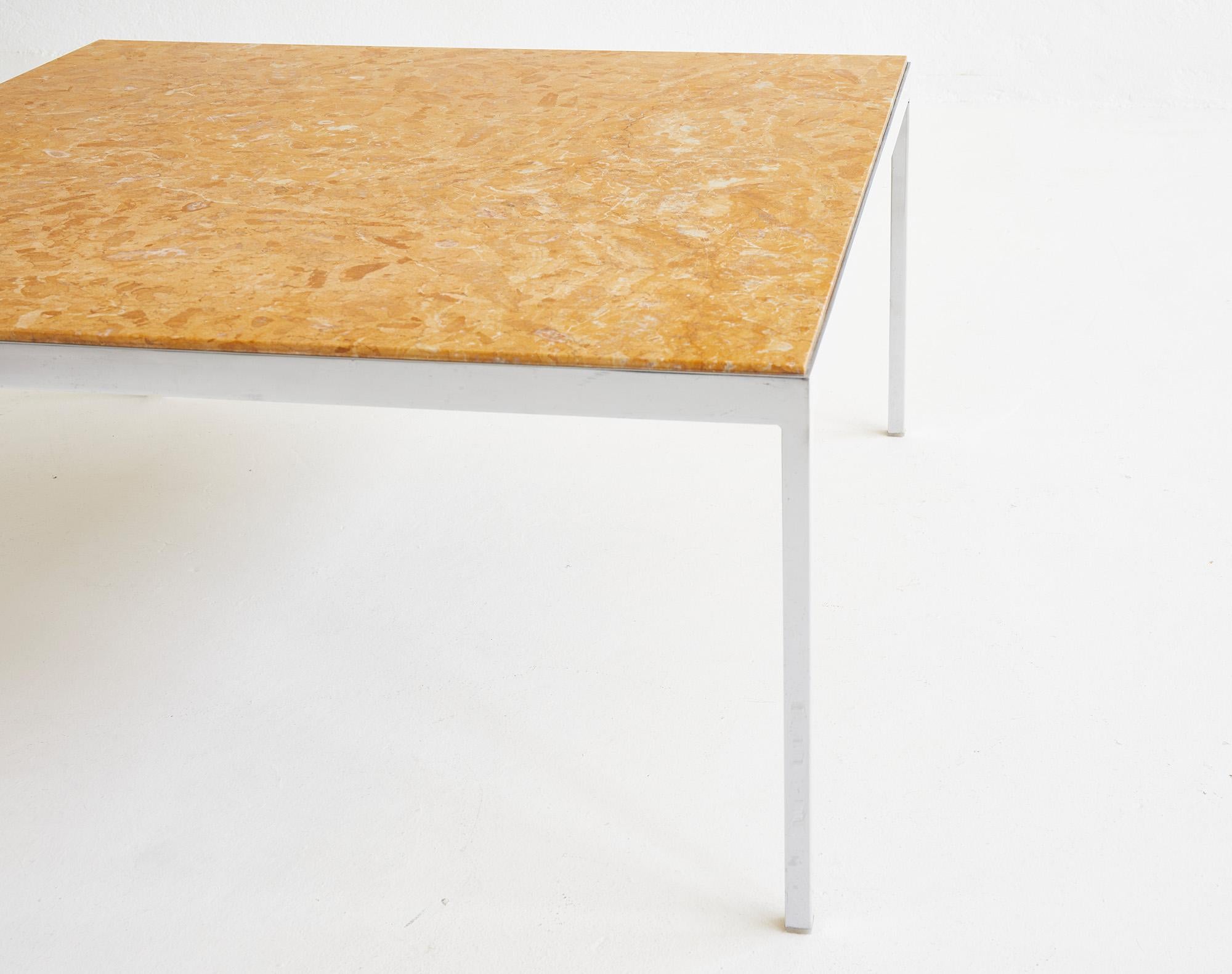Late 20th Century Square yellow marble coffee table with chromed metal base 1970 For Sale
