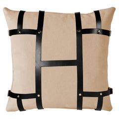 Modern Cream Faux Leather Pillow w/ Luxury Black Strap Vegan Leather Cushion