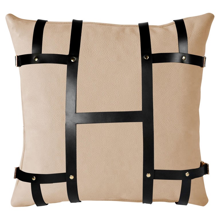 Modern Cream Faux Leather Pillow w/ Luxury Black Strap Vegan Leather