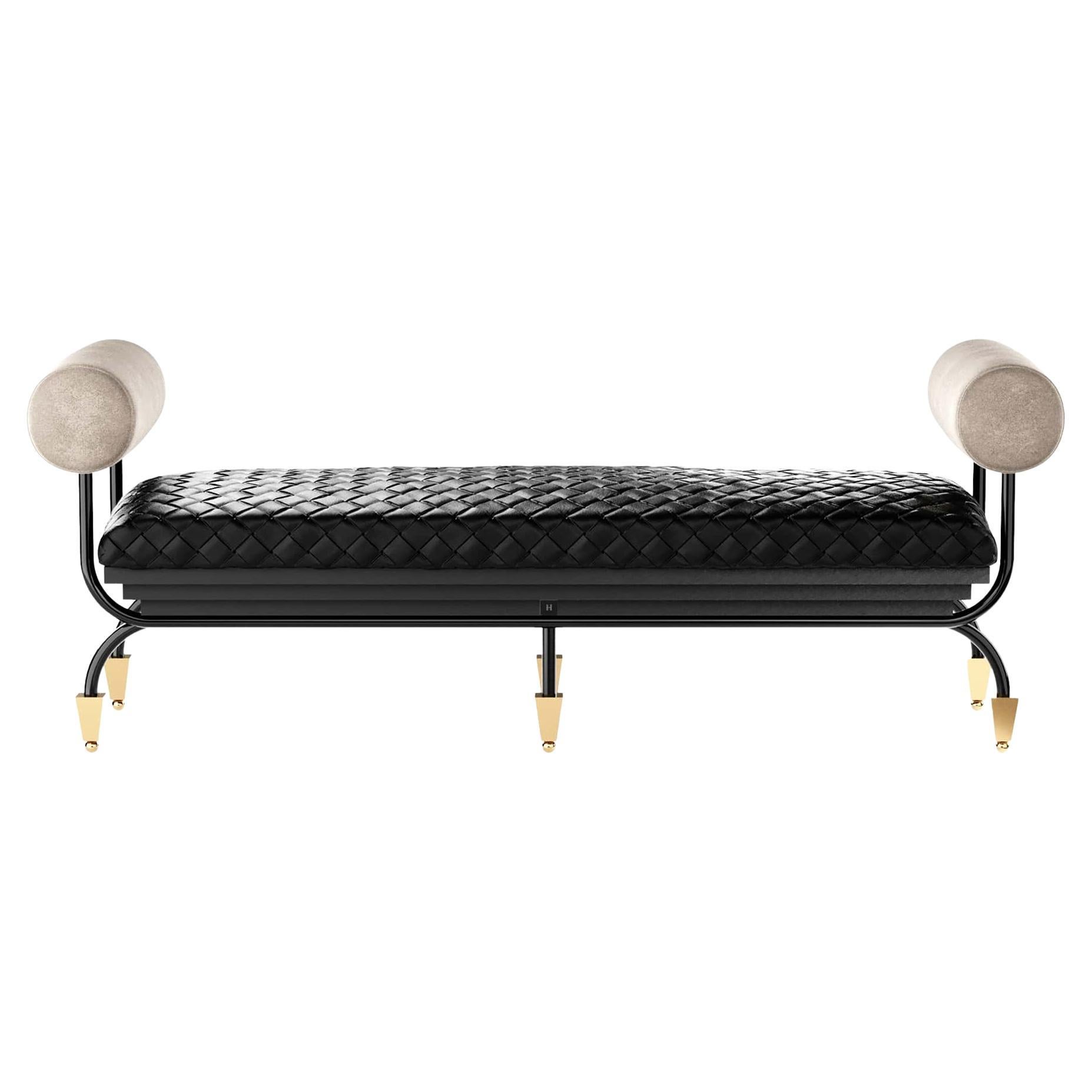 Modern Black Braided Leather Bench W/ Suede Arms & Polished Brass Legs For Sale