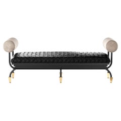 Modern Black Braided Leather Bench W/ Suede Arms & Polished Brass Legs