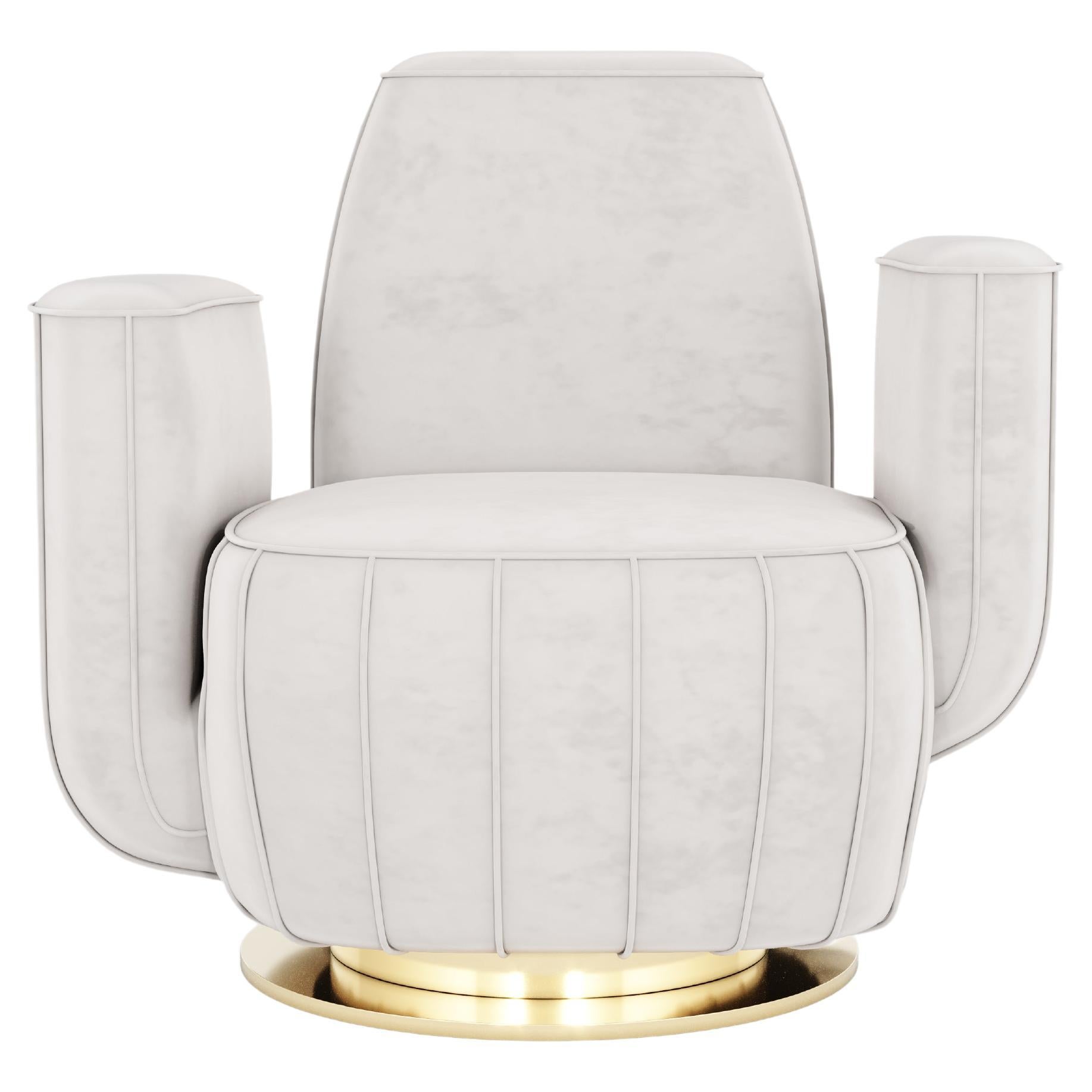 Mid-Century Modern White Velvet Armchair Cactus Shape with Gold Swivel Base