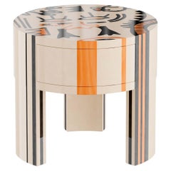 Contemporary MidCentury Modern Basquiat Print Round Bedside Table Wood Marquetry