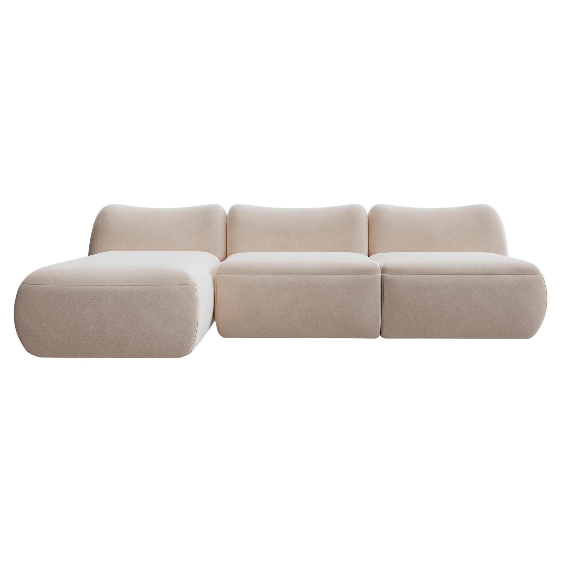 Minimal Modern L-Shape White Velvet Modular Plush Sectional Sofa Three Seat
