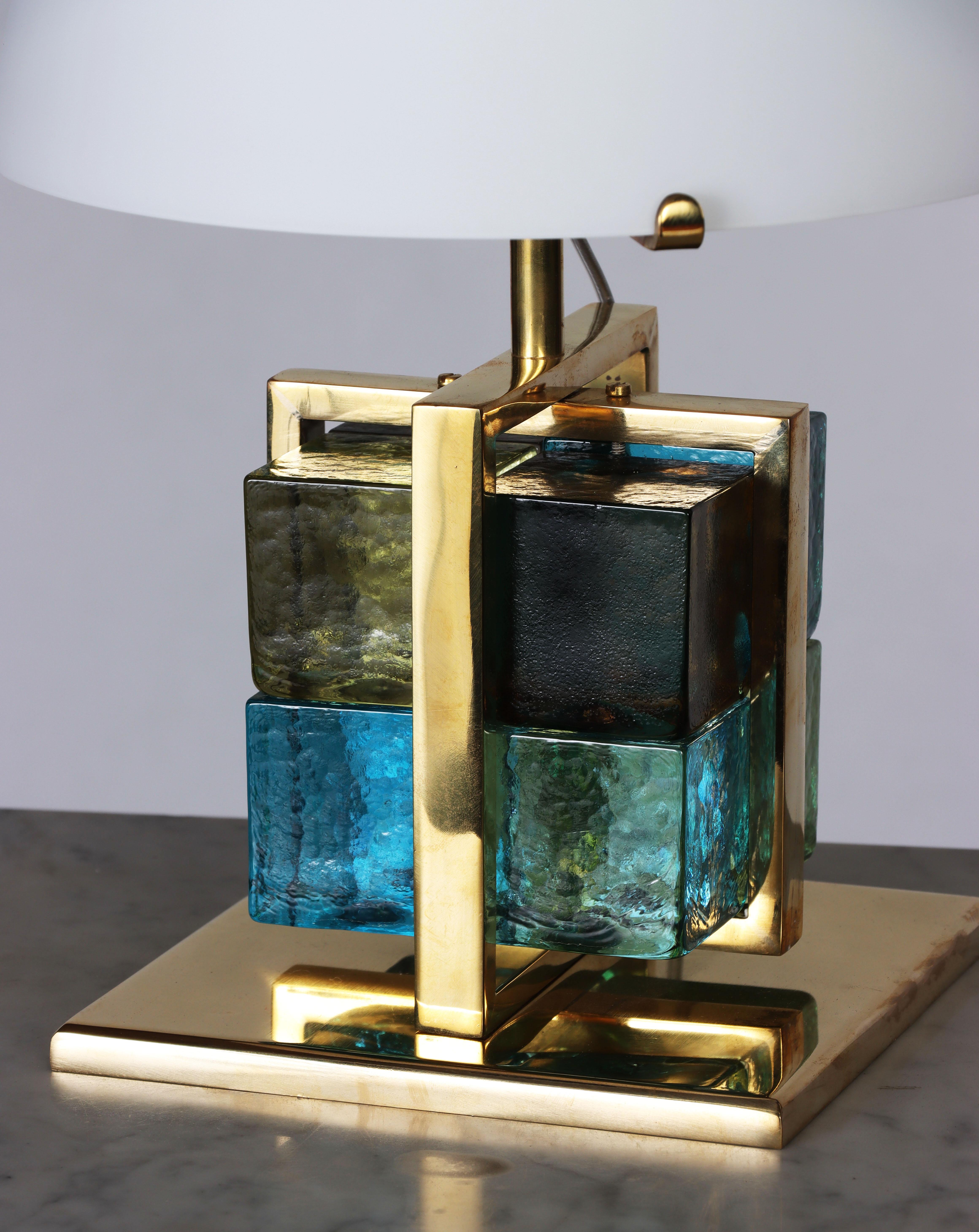 Pair of Italian Brass Cage Murano Glass Cube Lamps, Contemporary 5