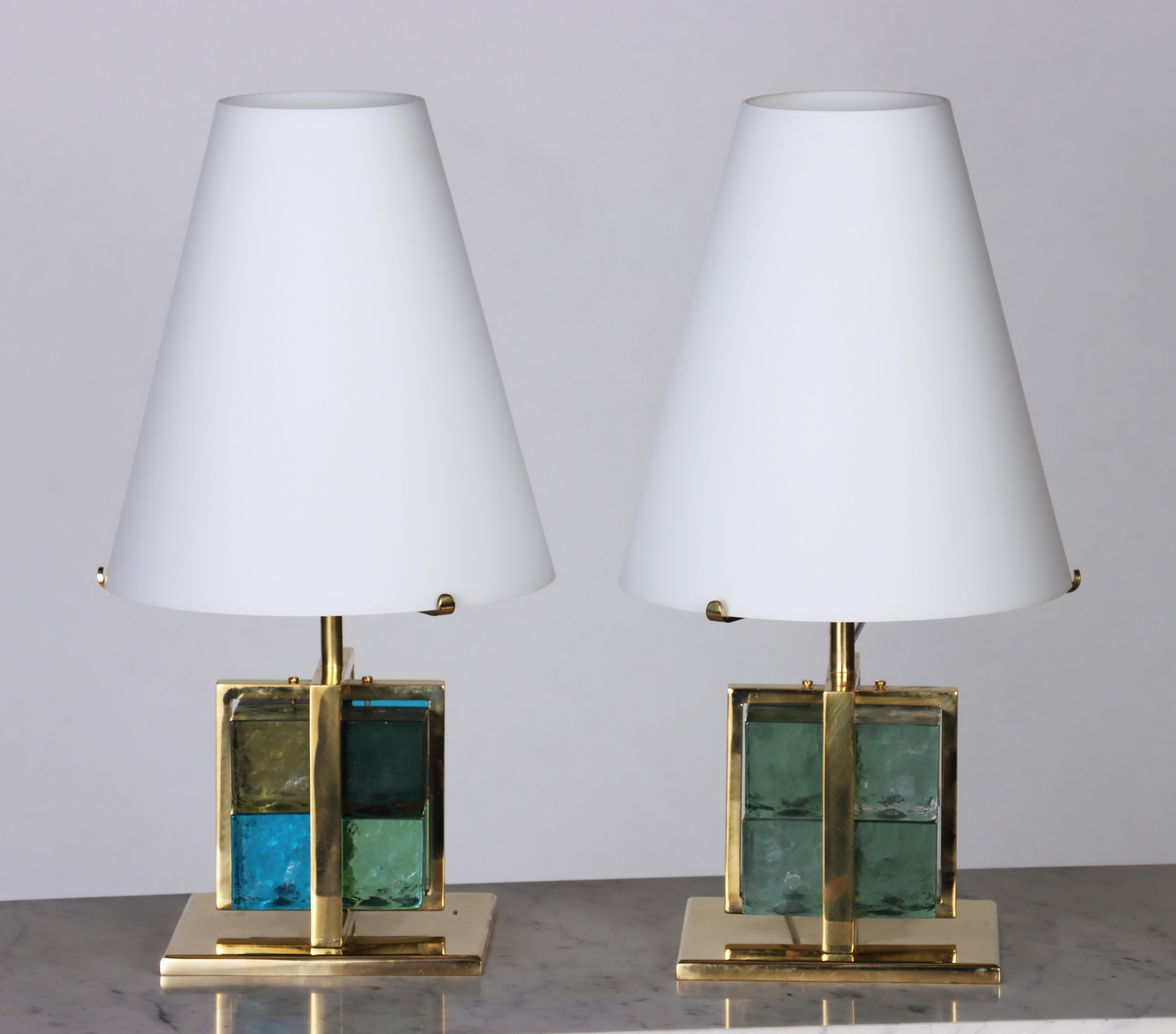 Pair of Italian Brass Cage Murano Glass Cube Lamps, Contemporary 3