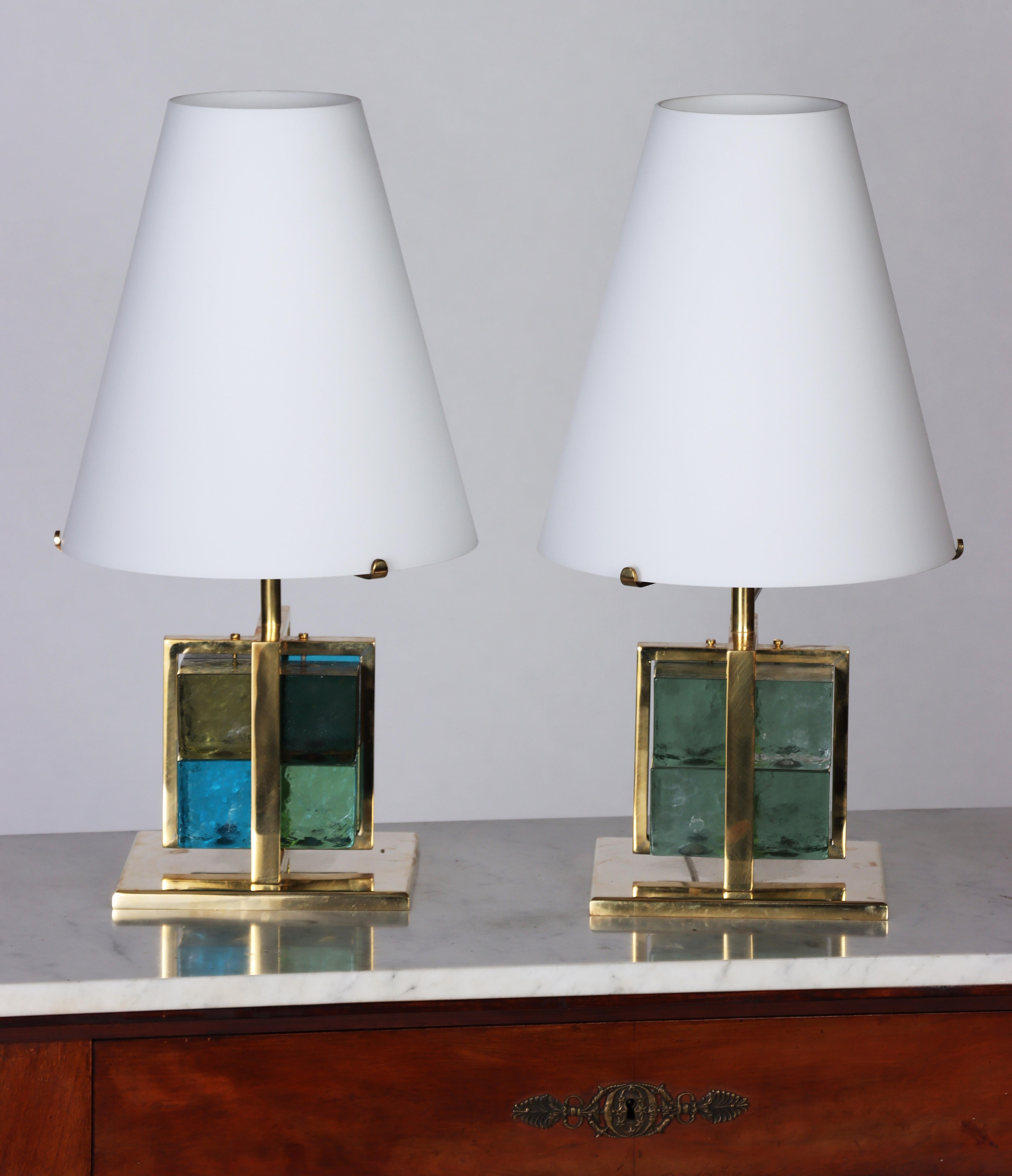 Pair of Italian Brass Cage Murano Glass Cube Lamps, Contemporary 4