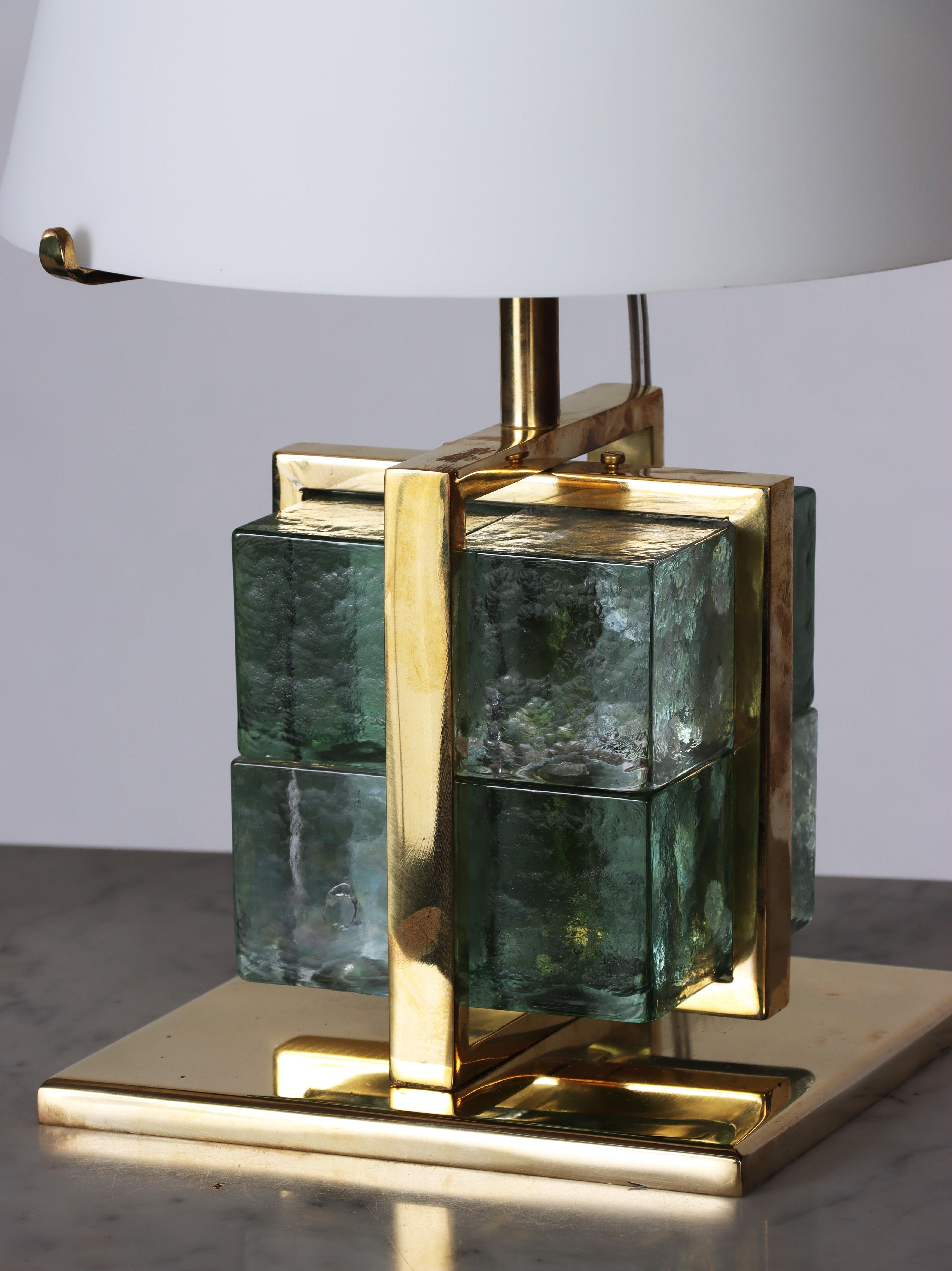 Pair of Italian Brass Cage Murano Glass Cube Lamps, Contemporary 6