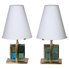 Pair of Italian Brass Cage Murano Glass Cube Lamps, Contemporary